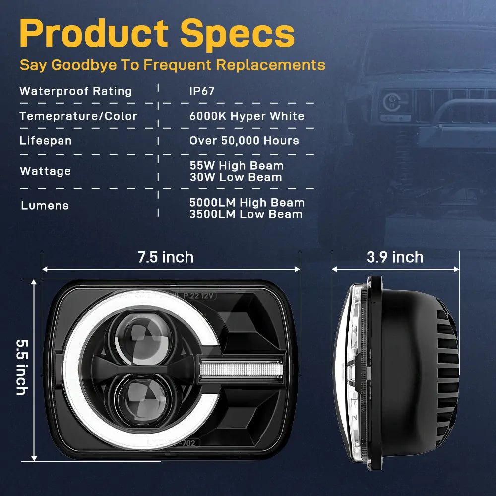 LOYO 5x7 Inch LED Headlights with DRL & Turn Signal for Jeep Wrangler YJ Cherokee XJ Trucks - High Performance Off-Road Lighting for Night Driving & Adventure