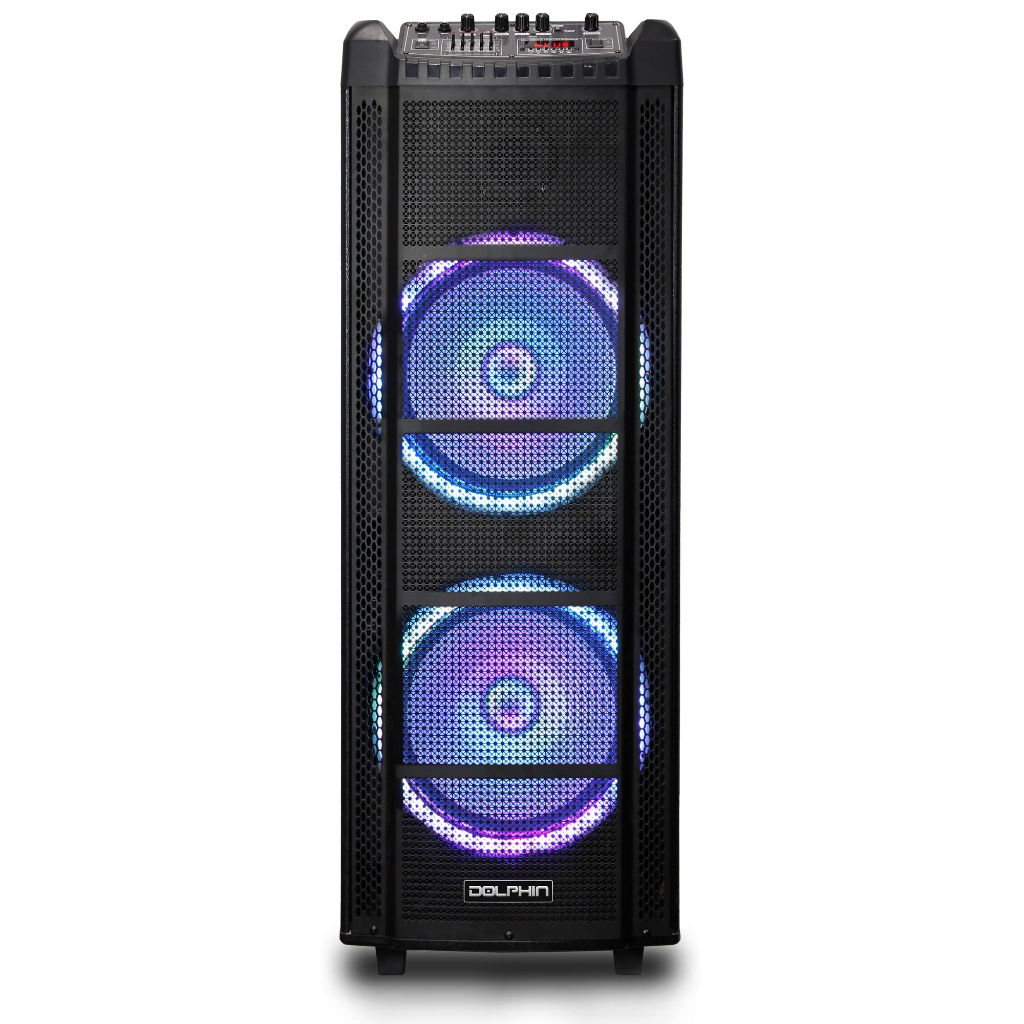 Dolphin SP-2130RBT Dual 12” Rechargeable Bluetooth Karaoke Speaker with 2 Wireless Mics & LED Lights - Portable PA System for Home Parties, Outdoor Singing & Events