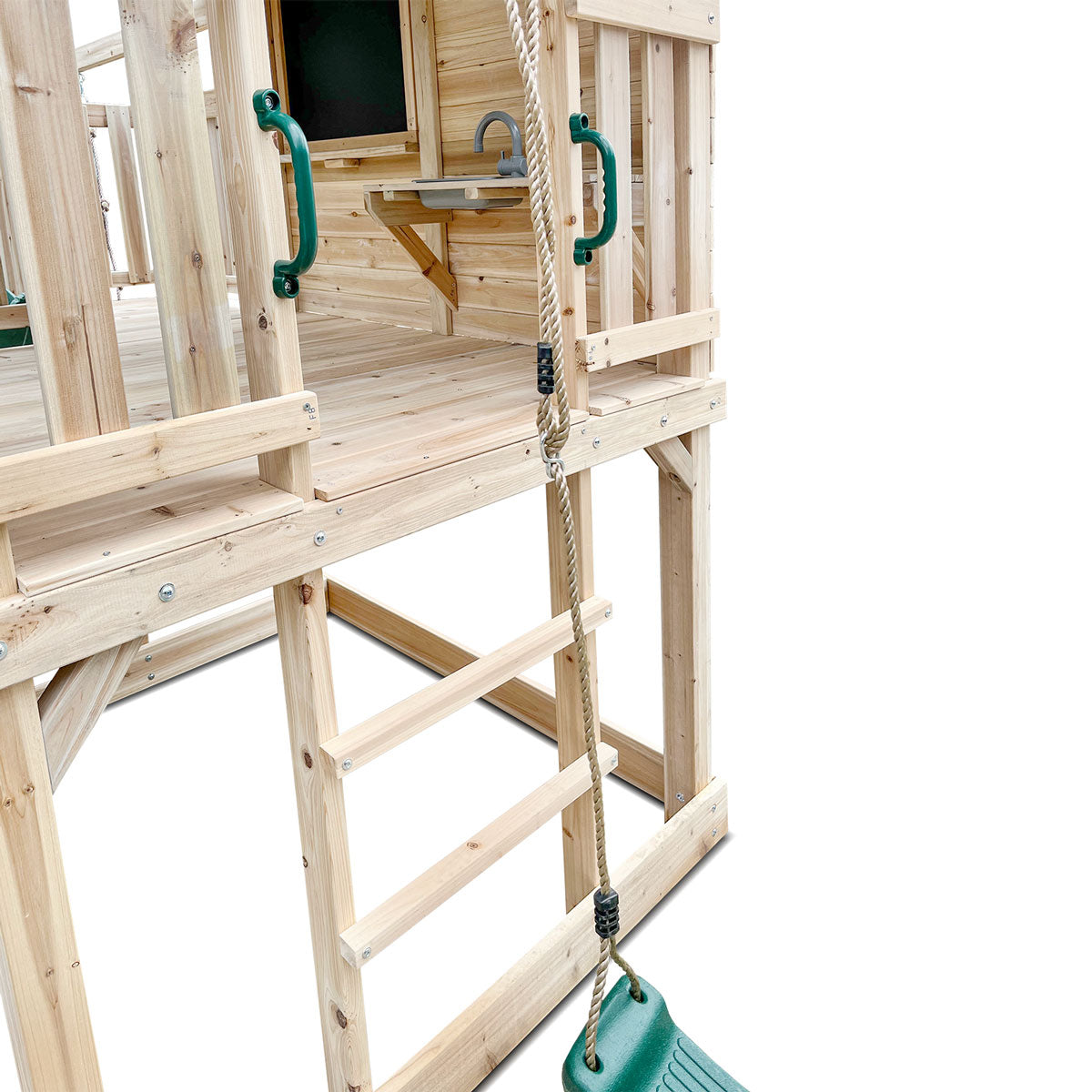 Kingston Wooden Playhouse with Blue Slide - Outdoor Kids Playhouse for Backyard, Garden, and Playground Fun