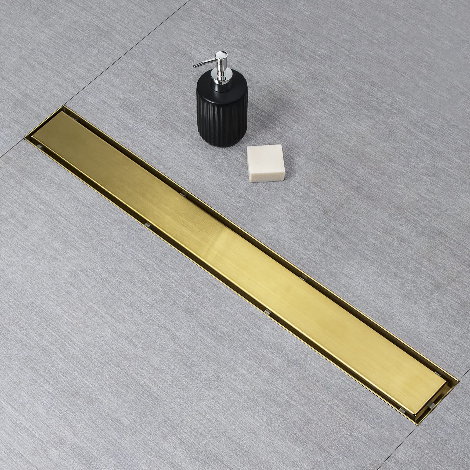 SaniteModar 36-Inch Linear Shower Drain in Gold - AISI 304 Stainless Steel with 2-in-1 Flat/Tile Insert Panel, Hair Strainer & Leveling Feet - Perfect for Modern Bathroom Renovations & Luxury Shower Installations