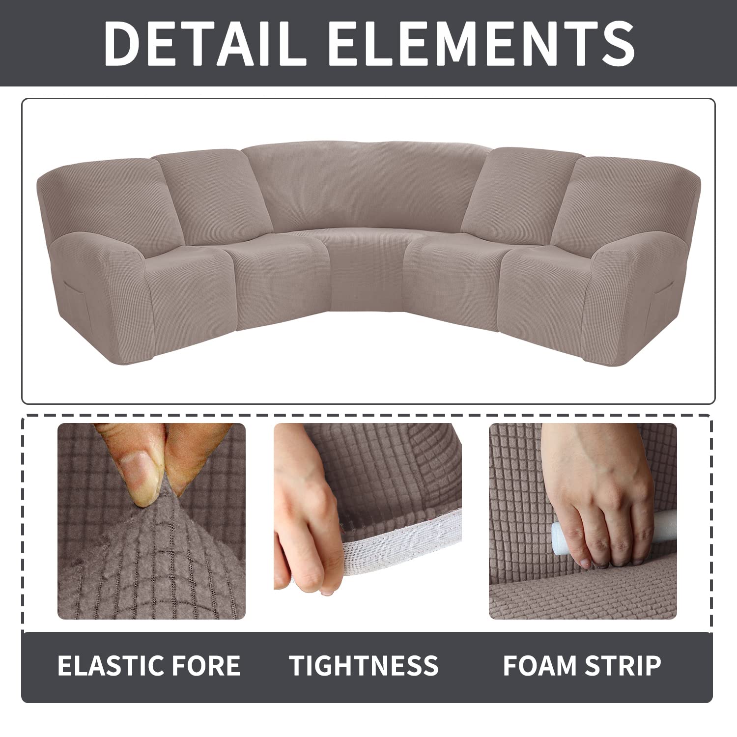 OKYUK 5-Seater Recliner Corner Sofa Cover - Jacquard Stretch Slipcover for L-Shape Reclining Sofa | Thick, Soft, Washable & Durable Furniture Protector in Light Brown | Perfect for Living Room, Family Room & Home Theater Seating