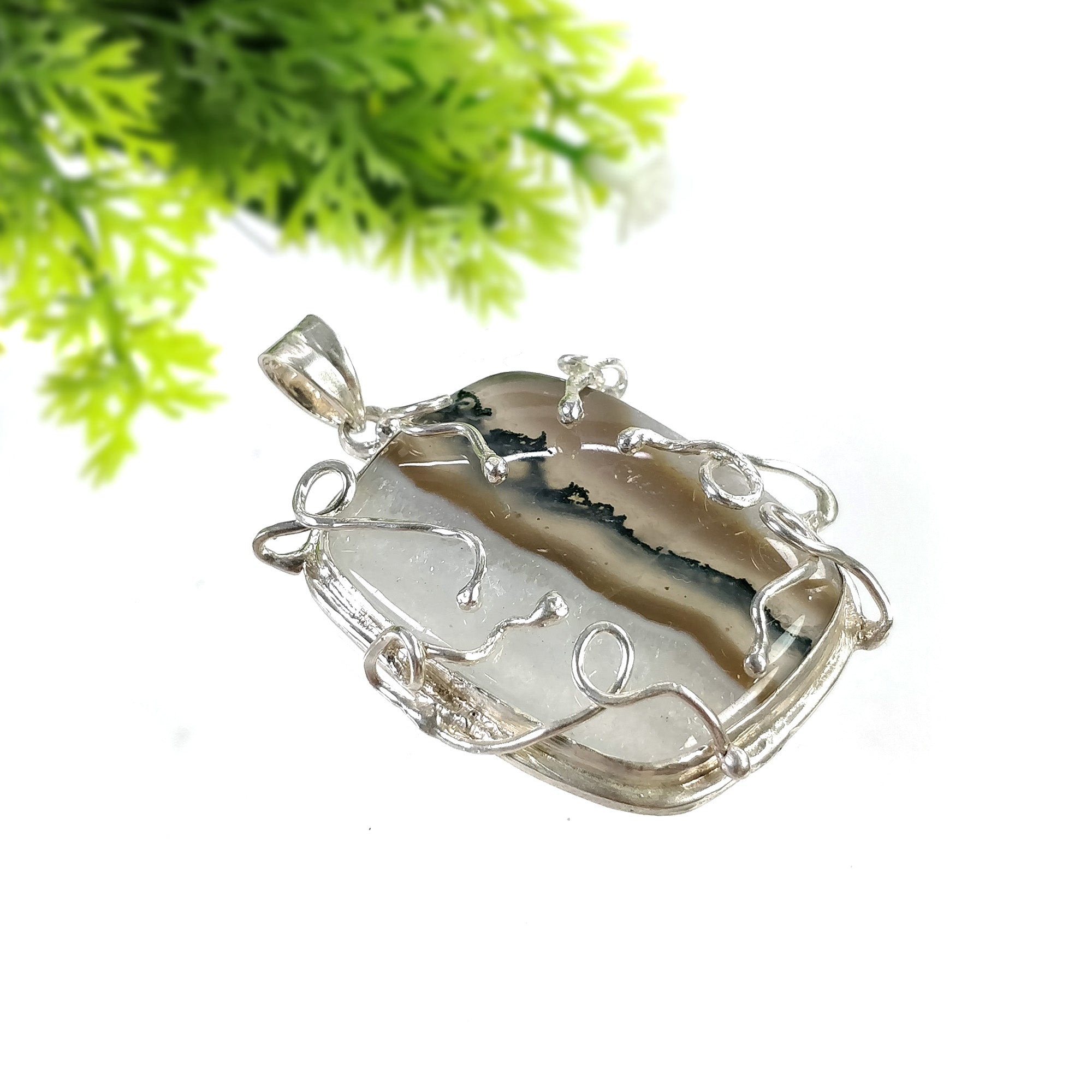 Natural Botswana Agate Pendant - 26.84g Untreated Agate Cabochon in 925 Sterling Silver Bezel Setting (2.25 Inch) | Handmade Gemstone Jewelry for Women, Healing Crystal Necklace for Meditation & Spiritual Gifts