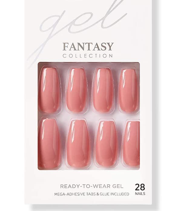 KISS Gel Fantasy Collection Fake Nails - Long Coffin Shape Press On Nails with Nail Glue & File | Pink Urbane Style | 28 Smudge-Proof Glue On Artificial Nails for Manicure | Perfect for Parties, Weddings & Special Occasions