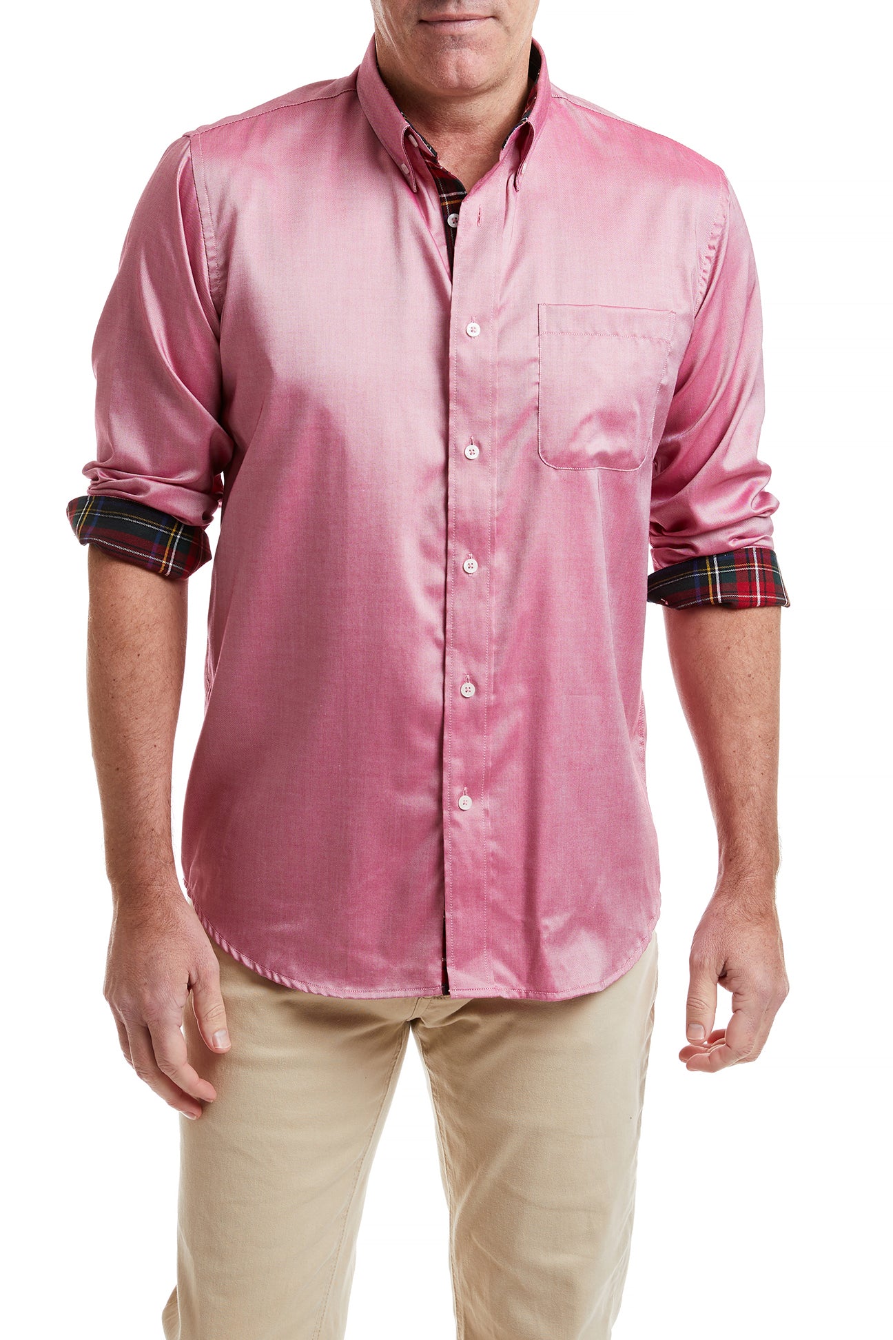 Red Oxford Chase Shirt with Black Stewart Plaid Trim - Stylish Casual Button Down for Men | Perfect for Office, Date Night & Weekend Outings