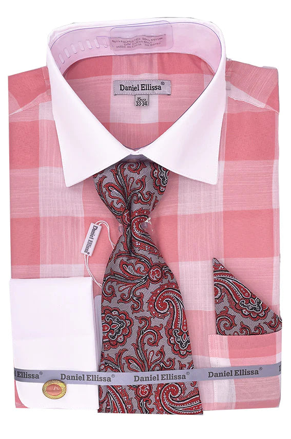 Stylish Coral Tone-on-Tone Check Printed Dress Shirt Set with Tie & Pocket Square | Formal Office Wear & Wedding Attire for Men