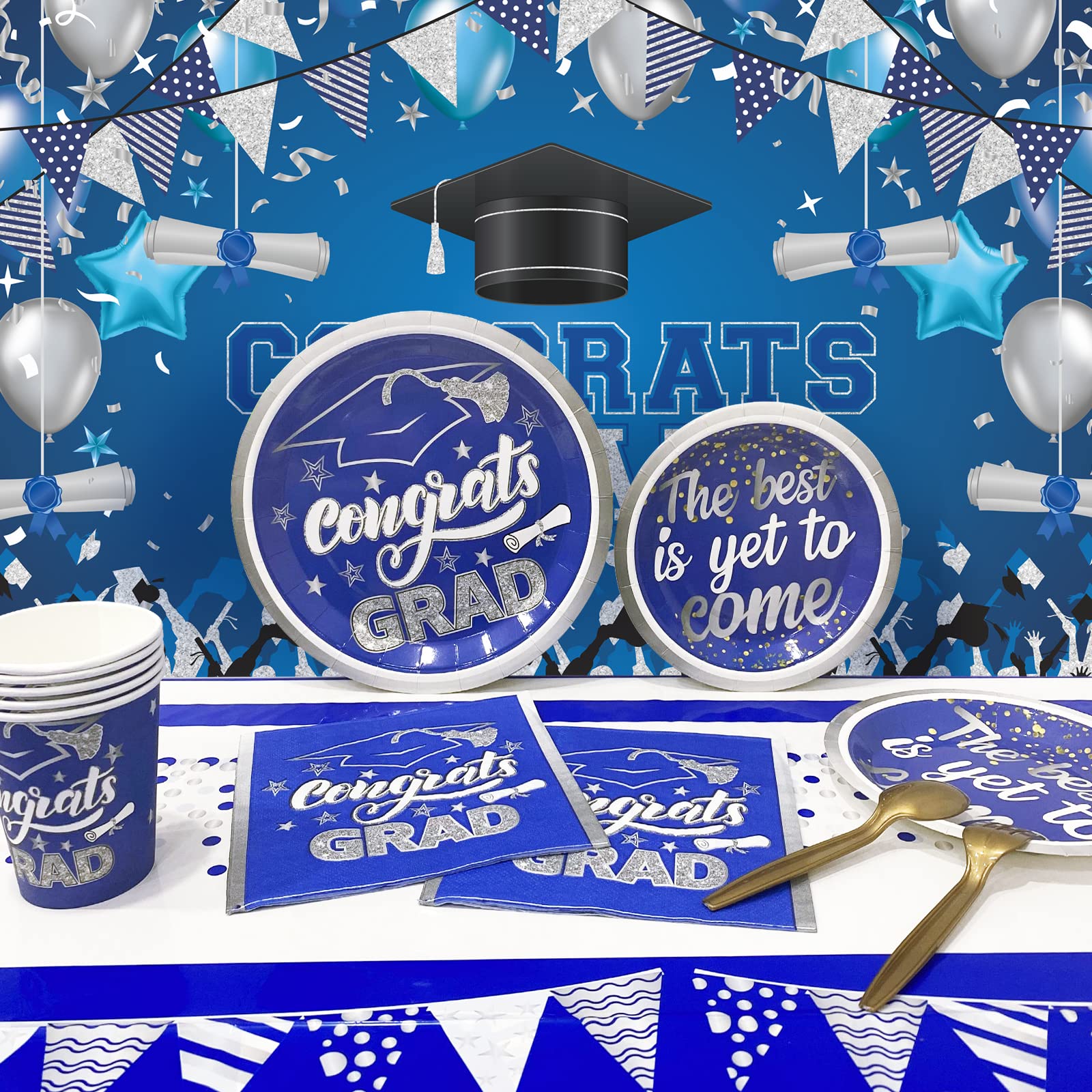 164Pcs Blue and White Graduation Party Decorations Set - Class of 2024 Backdrop, Plates, Napkins & Tablecloths | Perfect for Graduation Ceremonies, Parties & Photo Booths
