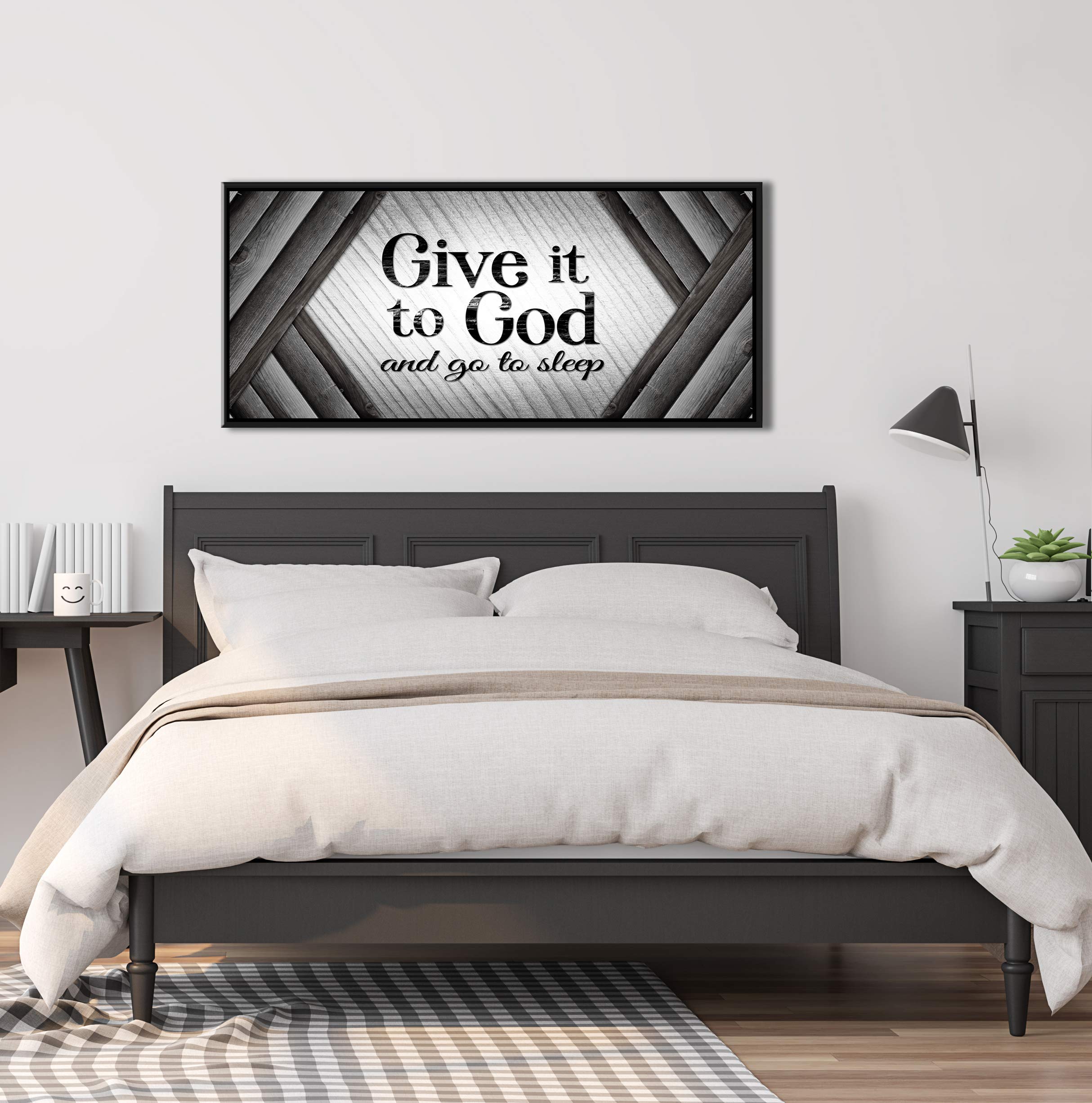 Give It to God and Go to Sleep Christian Wall Art - Large Religious Farmhouse Sign with Grey & Black Floating Frame (42x19) - Perfect for Master Bedroom, Living Room & Prayer Space Decor