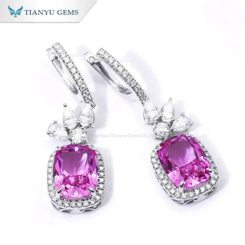 14K White Gold Cushion Cut 9x12mm Corundum Drop Earrings for Women - Elegant Moissanite Dangling Pear DE Earrings for Parties, Weddings & Special Occasions