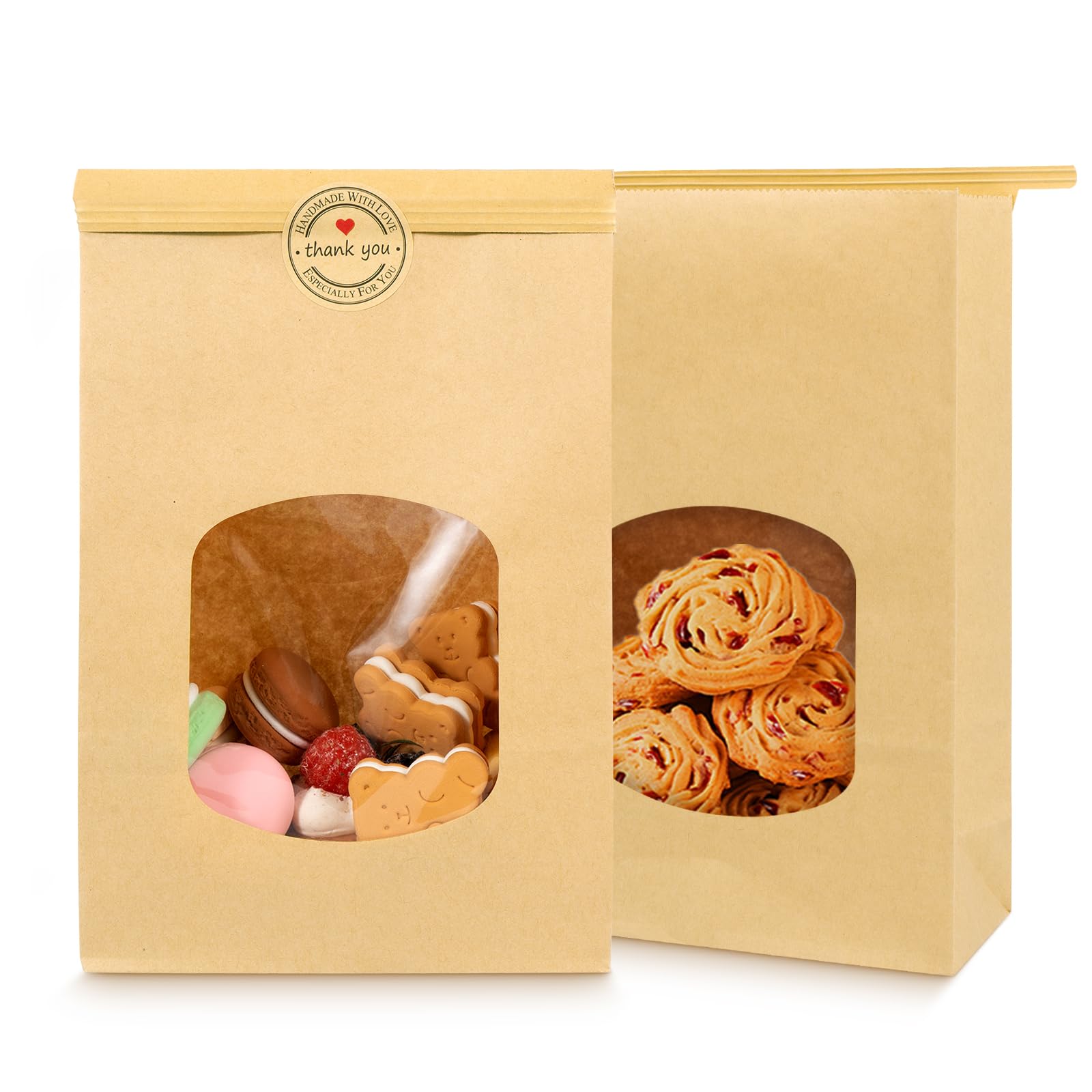 9.6x6.1x2.7 Inch Brown Bakery Bags with Window - 30 Pack Kraft Paper Cookie Bags with Tin Tie Tab Lock & Free Stickers - Perfect for Cookies, Bread, Pastries and Gift Packaging