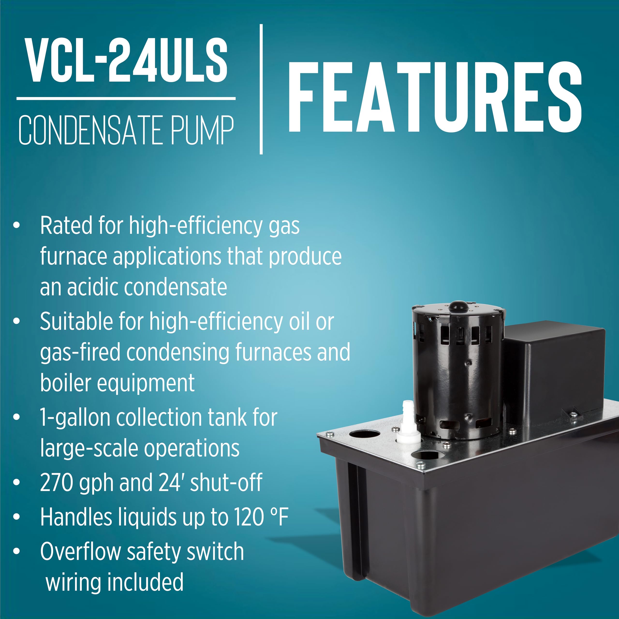 Little Giant VCL-24ULS 115V 1/18HP 270GPH Automatic Condensate Removal Pump with 1-Gallon Tank & Safety Switch - 6ft Cord Black (Model 553201) - Perfect for HVAC Systems, Dehumidifiers, and Water Removal Applications