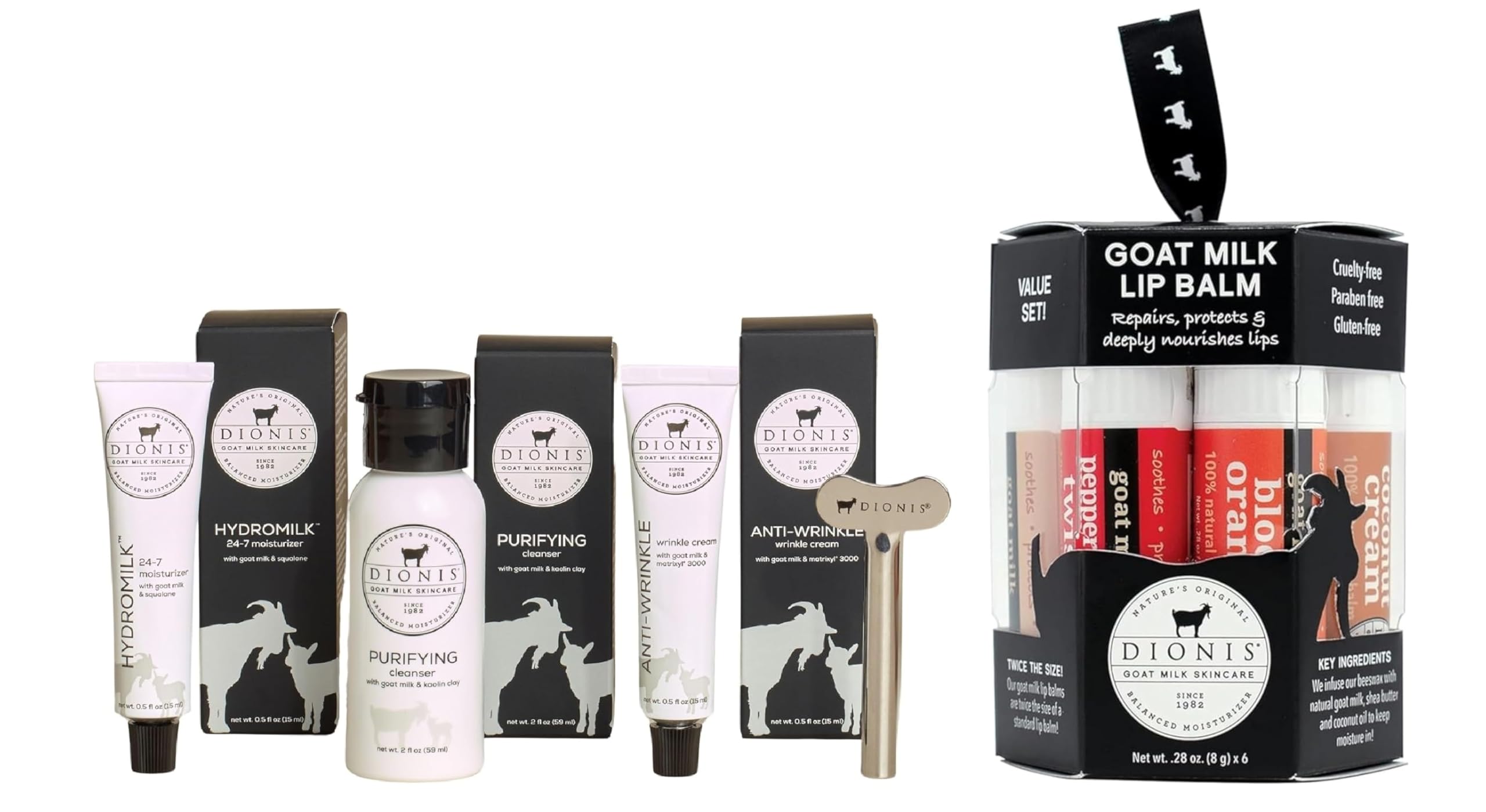 Dionis Goat Milk Skincare Core Collection Starter Set with 6-Piece Lip Balm Ornament 2024 | Natural Moisturizing Gift Set for Dry Skin Care & Holiday Gifting