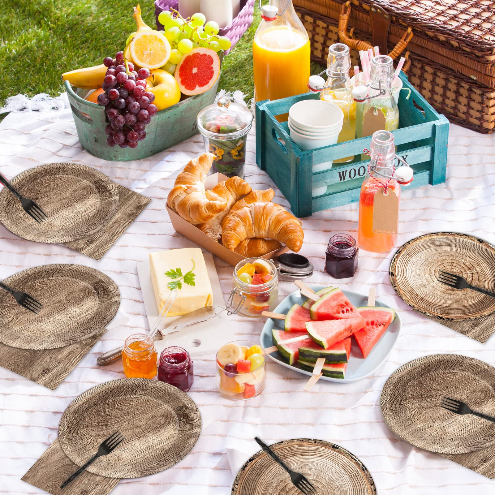 96-Piece Rustic Wooden Tree Party Tableware Set - Lumberjack & Camping Theme Disposable Plates, Napkins, Forks for 24 Guests - Perfect for Outdoor Weddings, Hunting Parties & Cabin Decorations