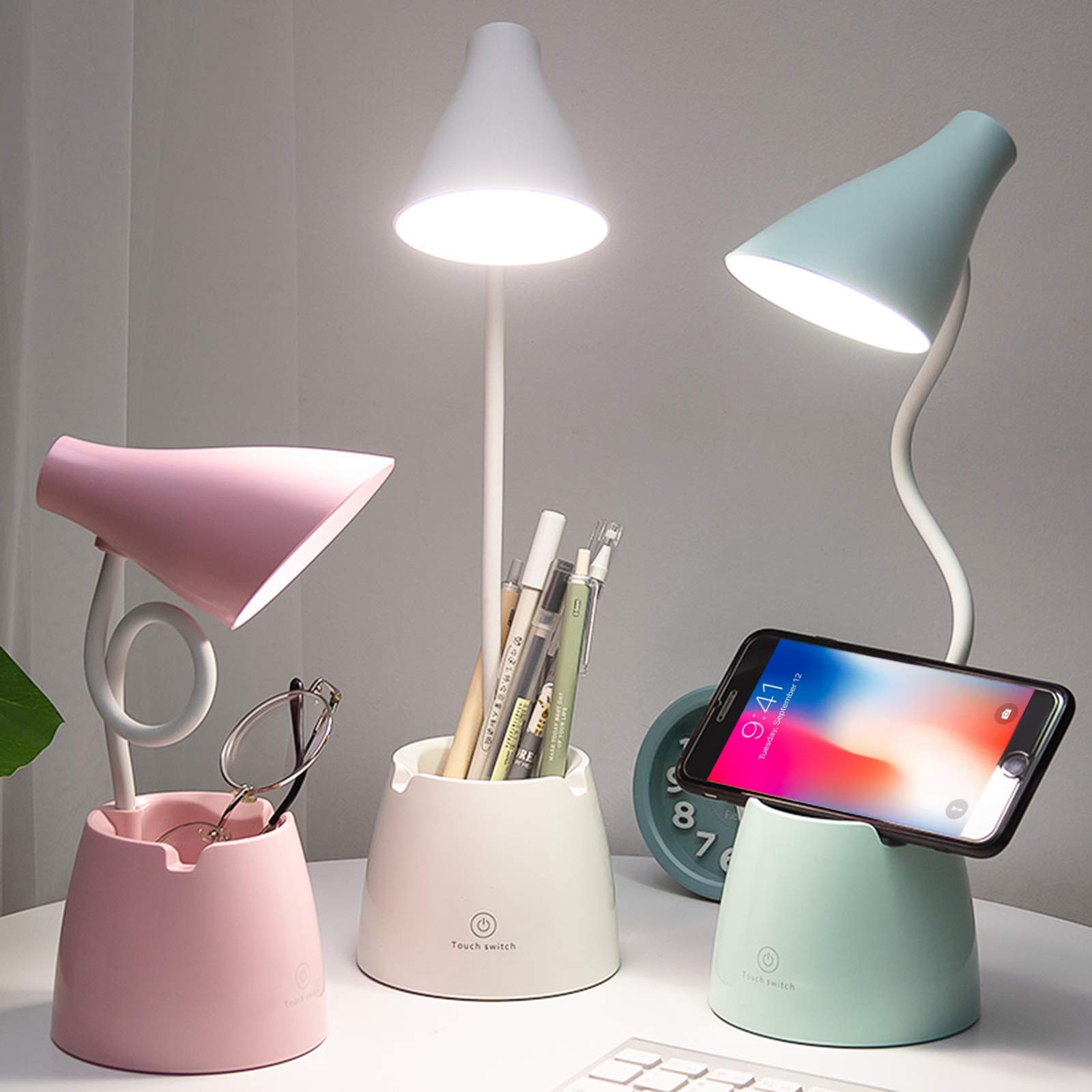 LED Desk Lamp with 3 Lighting Modes & Stepless Dimming - 360° Adjustable Gooseneck, Built-in Pen Holder & Phone Stand - Perfect for Reading, Study, Office & Dorm Room (Green)