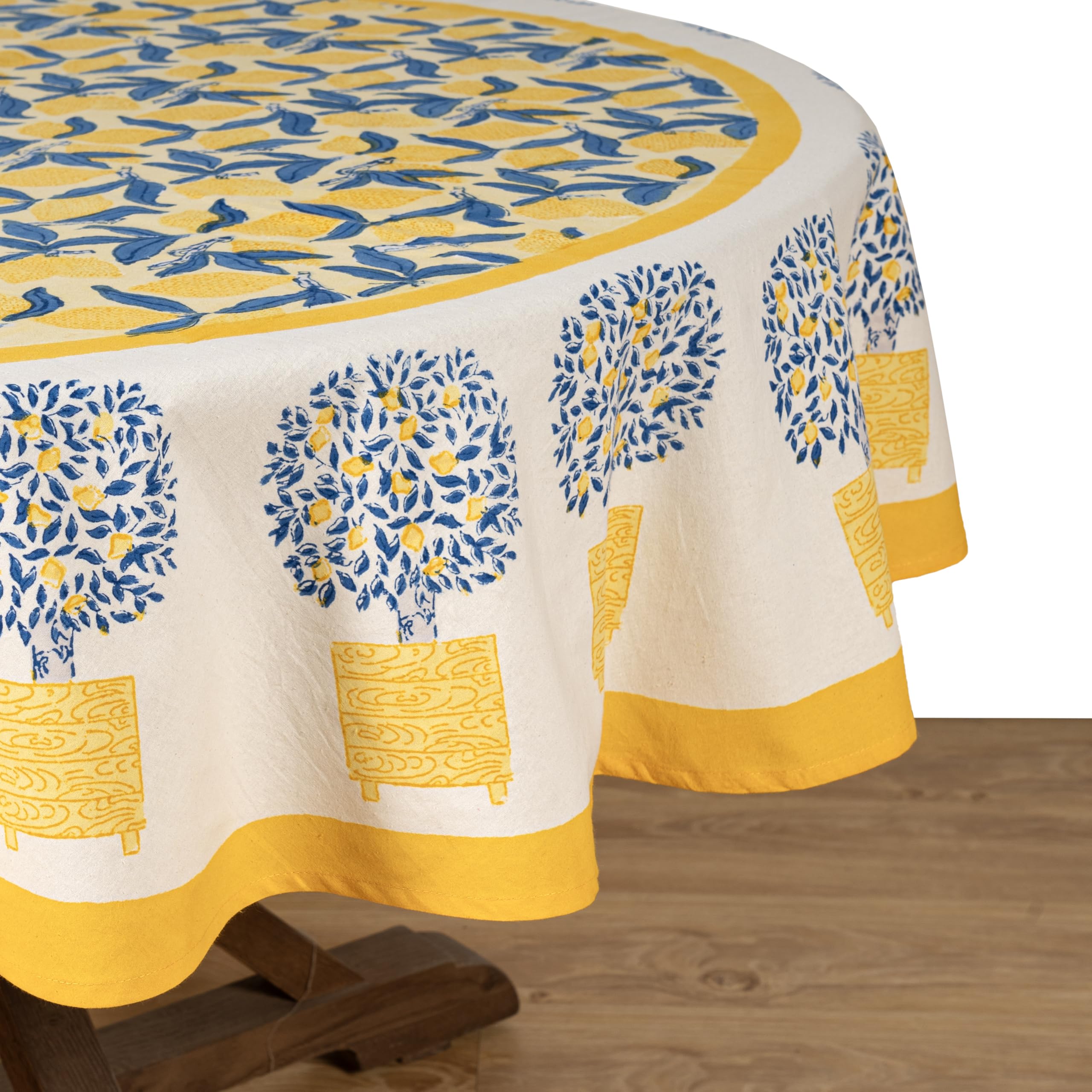 Elegant Large Round Tablecloth 90 Inches - Yellow & Blue Lemon Tree Design for Dining, Parties & Outdoor Events | Couleur Nature