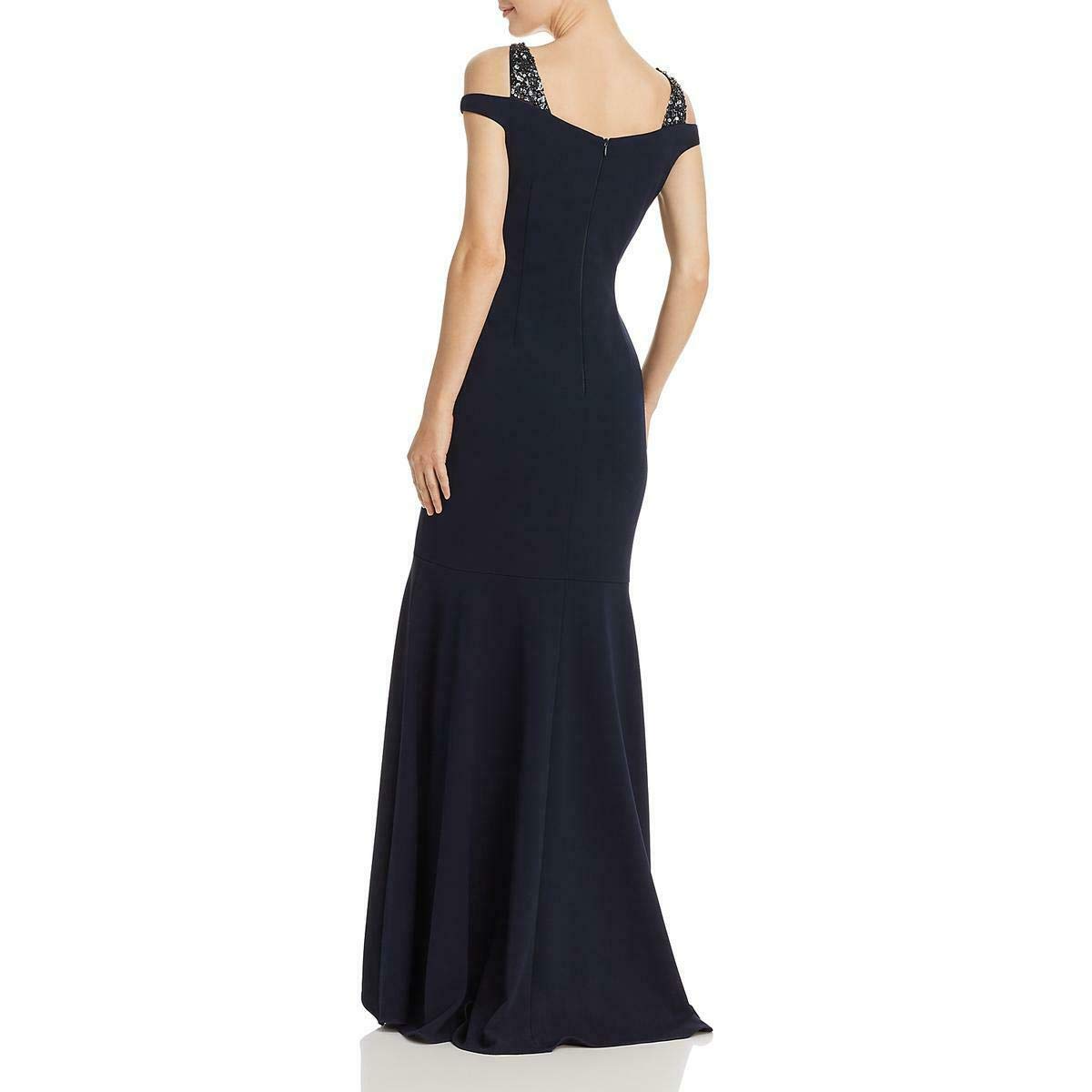 Adrianna Papell Women's Navy Blue Off-The-Shoulder Evening Gown - Elegant Formal Dress for Prom, Wedding & Special Occasions