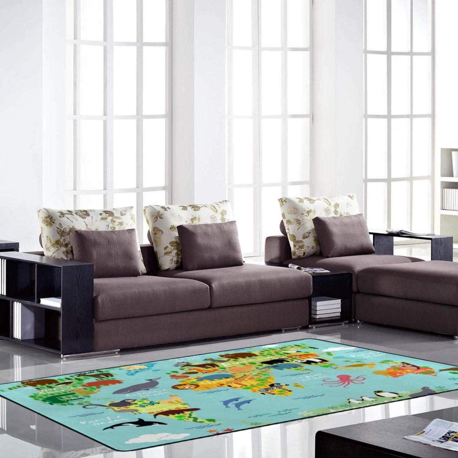 Educational Kids World Map Rug with Animal Distribution - Non-Slip 5' x 6' Floor Carpet for Living Room, Bedroom & Playroom - Perfect for Learning Geography & Home Decor