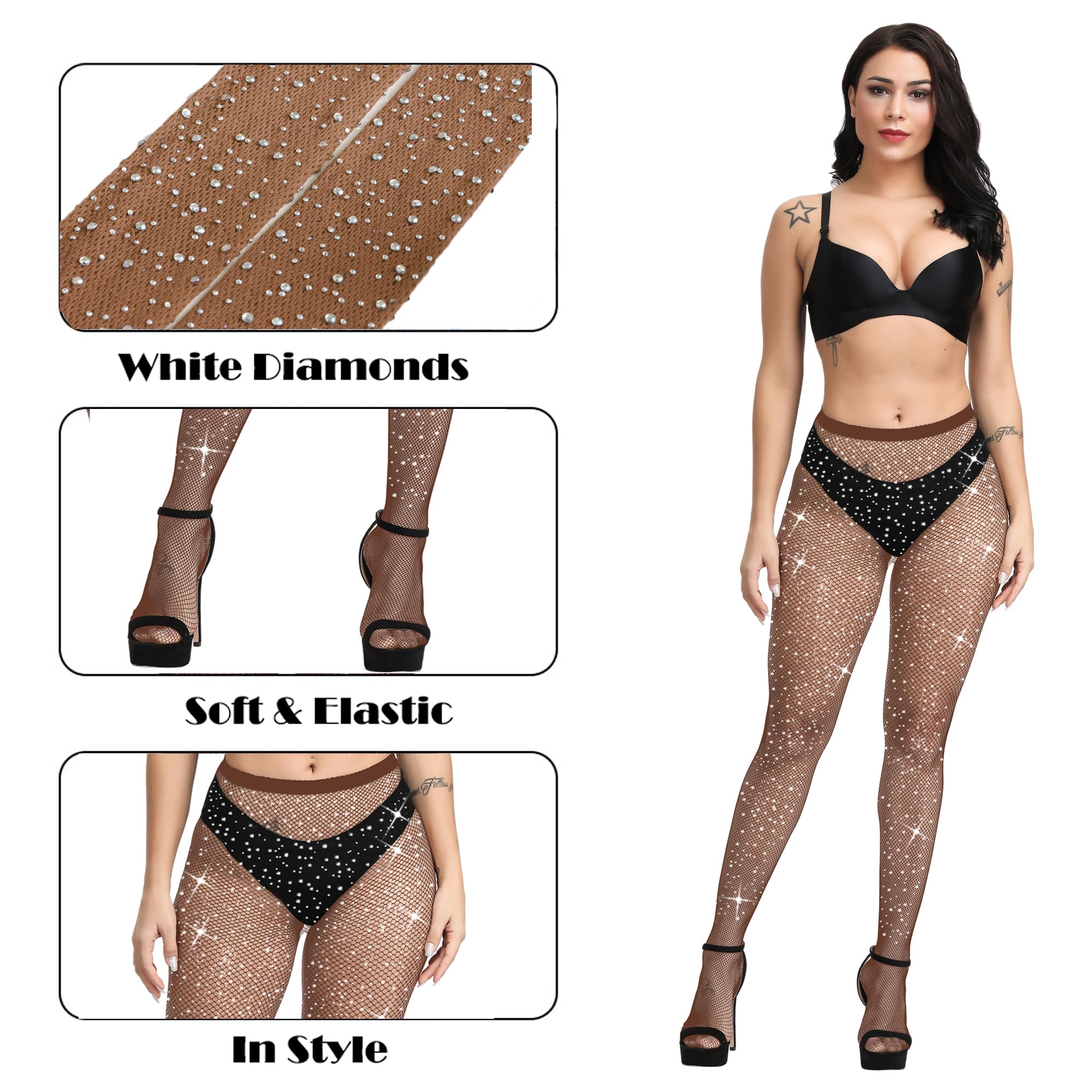HeyUU Sparkle Rhinestone Fishnet Stockings - Sexy High Waist Glitter Tights for Women, Evening Party & Nightclub Outfits, Halloween Costume Accessories