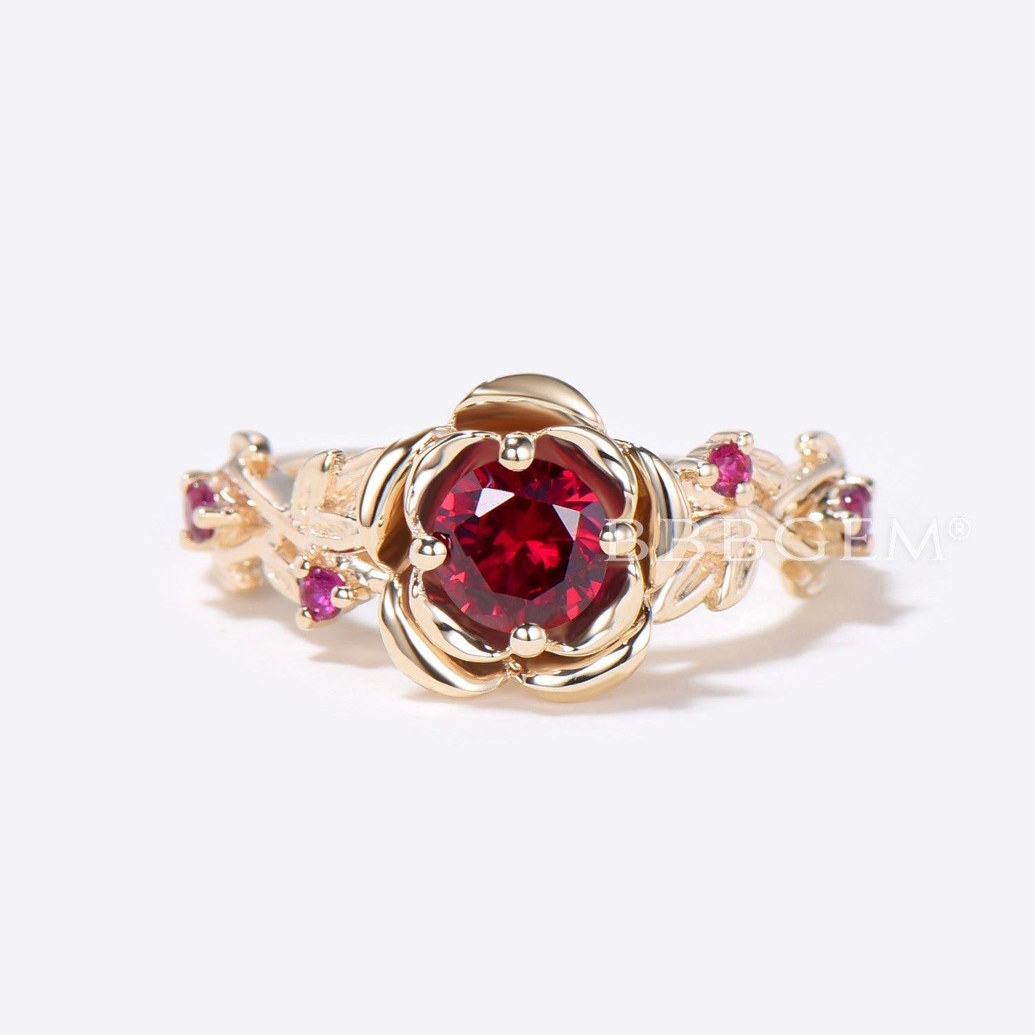 Exquisite Floral Round Ruby Engagement Ring - 14K Solid Gold Leaf Bridal Ring with Rose Flower Design, July Birthstone Wedding Band for Women | Perfect for Proposals, Anniversaries & Special Occasions