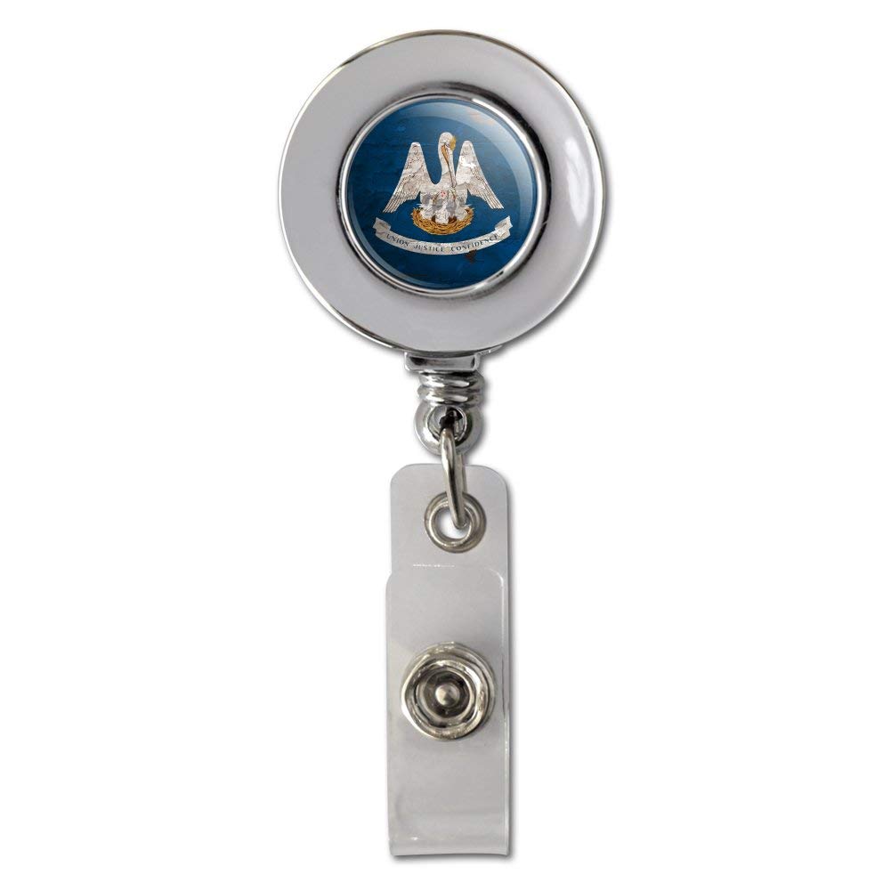 Rustic Louisiana Flag ID Holder - Chrome Retractable Reel for Badges & Cards | Office & Travel Use