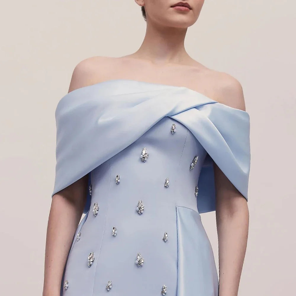 Elegant Blue Satin Mermaid Evening Dress with Beaded Detail & High Slit - Women's Formal Gown for Parties, Prom, Weddings & Special Occasions - Serene Hill Collection LA72458