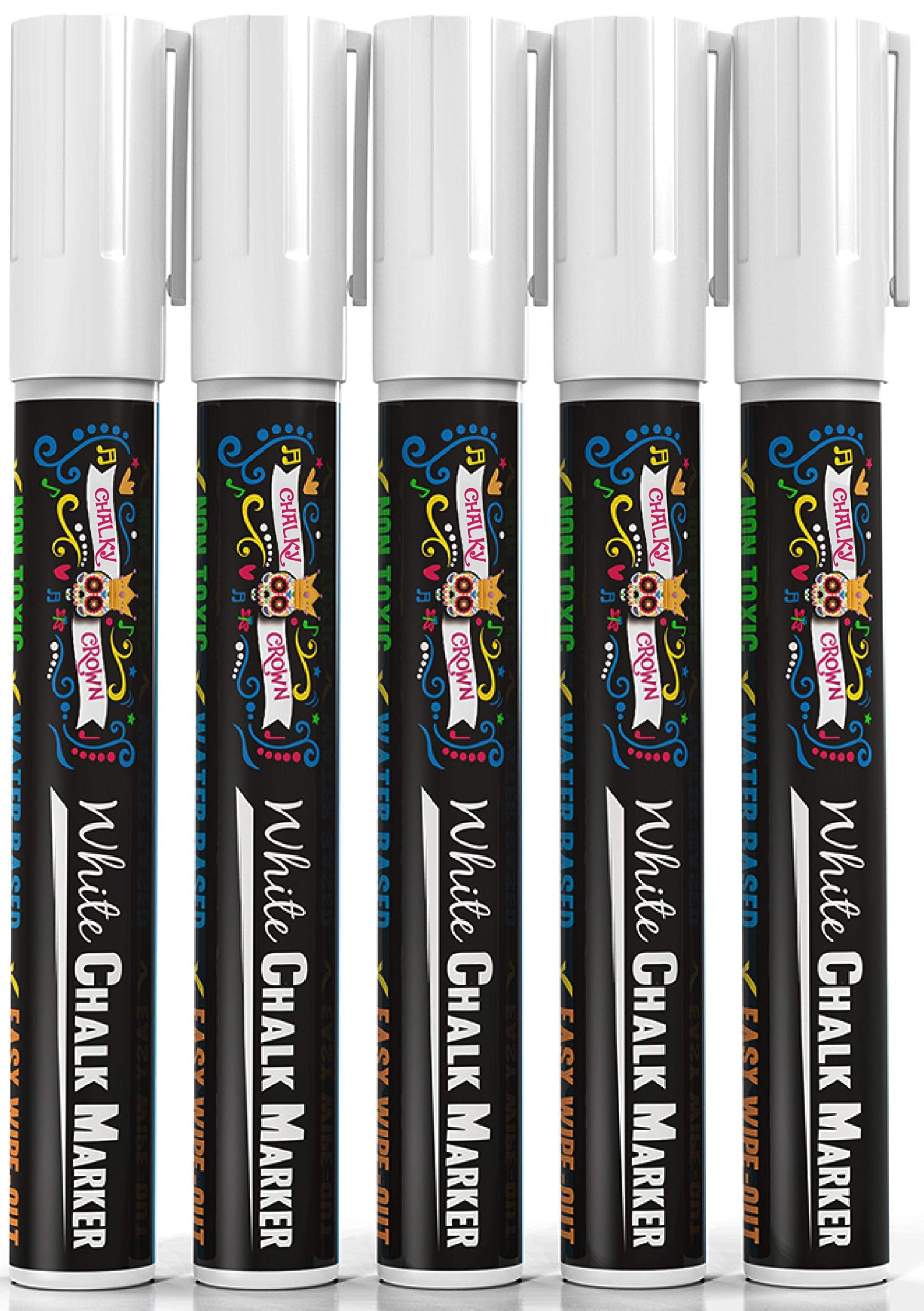 CHALKY CROWN Liquid Chalk Markers - 6mm Reversible Tip White Chalk Pens for Chalkboard, Blackboard, Glass, Windows - Perfect for Signs, Menus, Labels & DIY Projects (5 Pack)