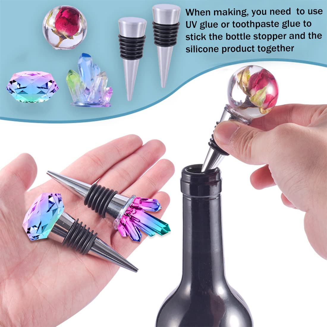 Voyyphixa 3-Piece Resin Wine Stopper Molds with 4 Stoppers - Silicone Bottle Stopper Molds for Epoxy Casting, Geometric Sphere Crystal Cluster Diamond Molds - Perfect for DIY Crafts, Wine Lovers & Home Decor