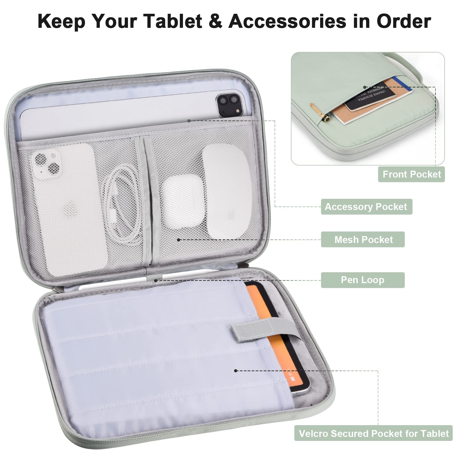 Premium 9-11 Inch Tablet Case - Shockproof Padded Sleeve Bag for iPad Pro 11 (M4), iPad 10.9 (10th Gen), iPad Air 11 (M2), Samsung Galaxy Tab S9/S8 - Mint Green | Perfect for Travel, Office & School Protection