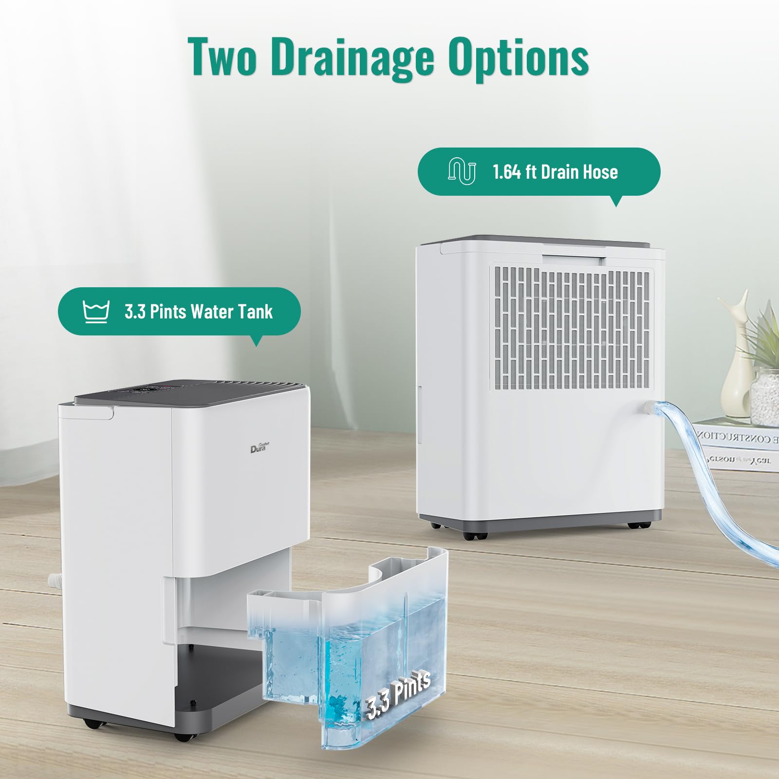 **DuraComfort 25 Pints Compact Dehumidifier for Bathroom, Bedroom, Closet, Kitchen, RV & Basement - Up to 1500 Sq.Ft with Drain Hose - White | Ideal for Moisture Control in Small Spaces & Travel Use**