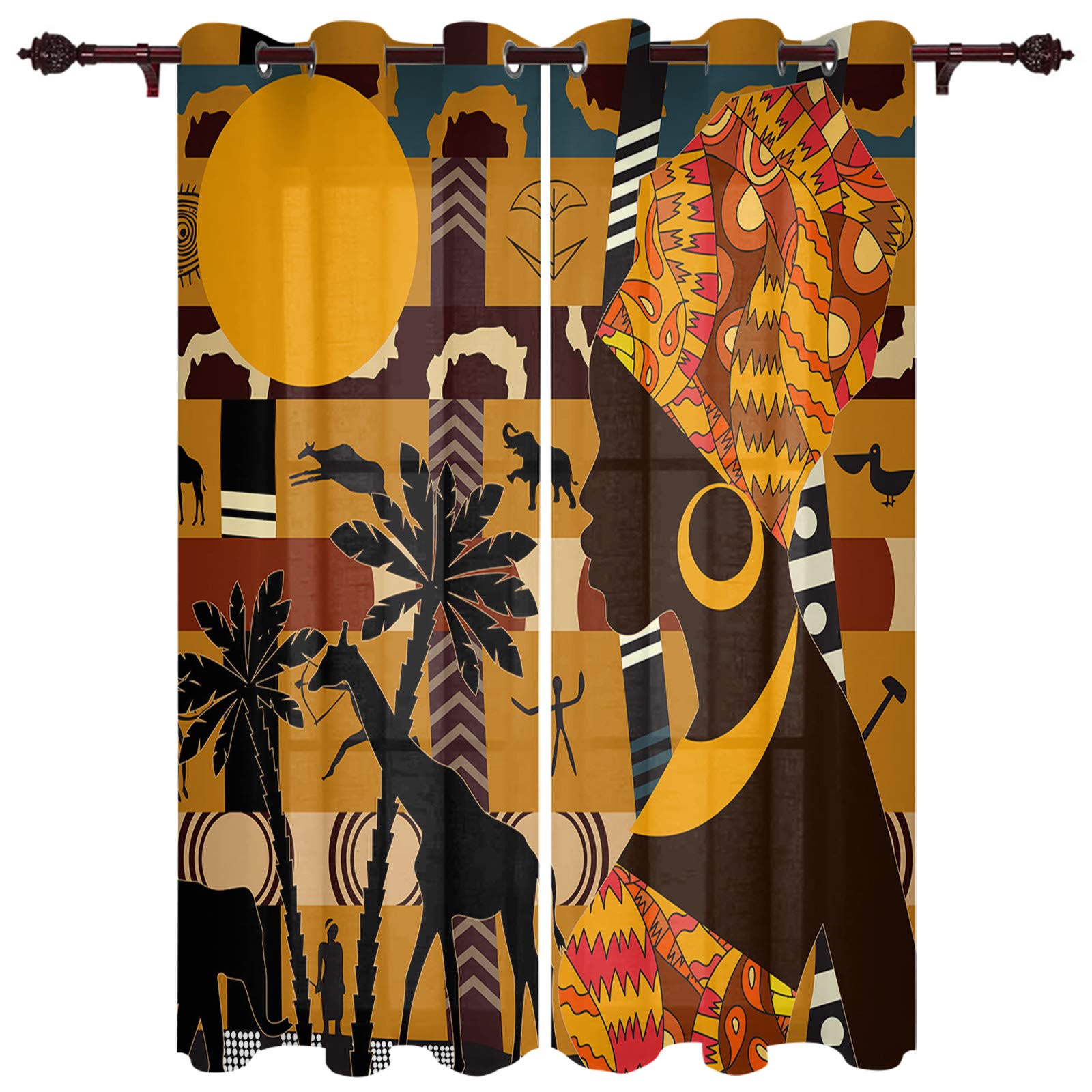 African American Women Giraffe Abstract Blackout Curtains - Traditional Brown Decorative Drapes for Living Room, Bedroom & Kitchen - 2 Panel Set Window Treatments | Perfect for Home Decor, Privacy & Light Control