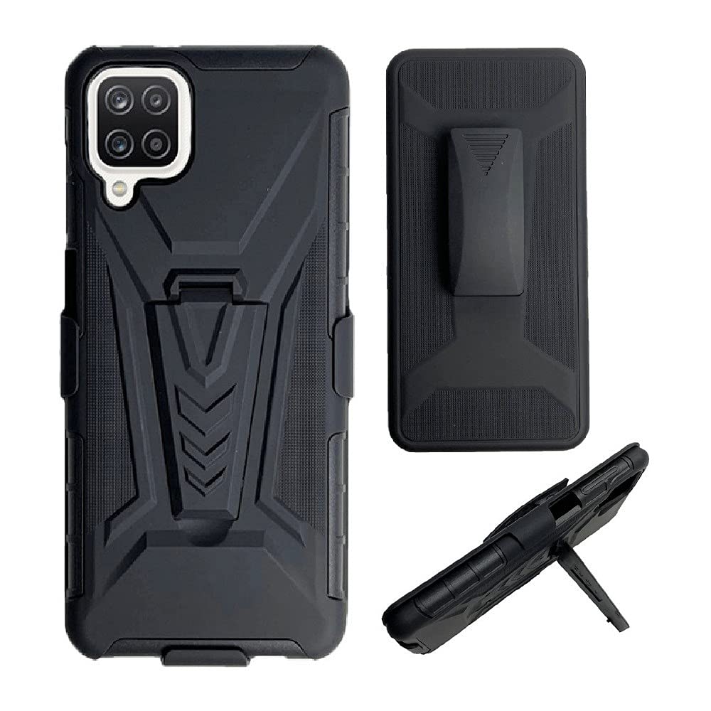 Tommulti Shockproof Dual Layer Holster Case for Samsung Galaxy A12 - Protective Phone Cover with Kickstand & Belt Swivel Clip (Black) | Perfect for Outdoor Activities, Work & Travel