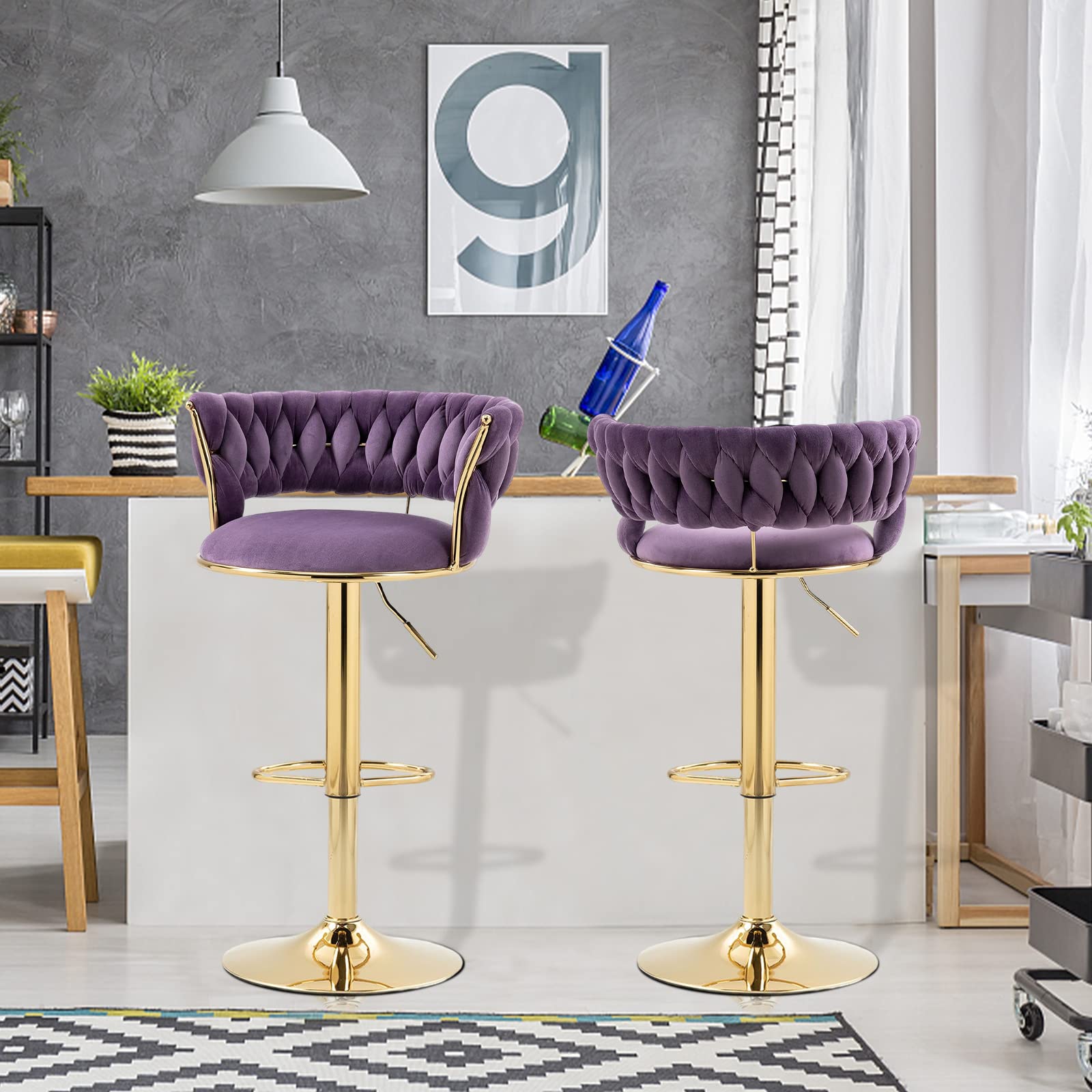 RXR Velvet Bar Stools Set of 2 - Adjustable Height 360° Swivel Stools with Golden Footrest for Kitchen, Pub & Café (Purple) | Perfect for Entertaining, Dining & Small Spaces