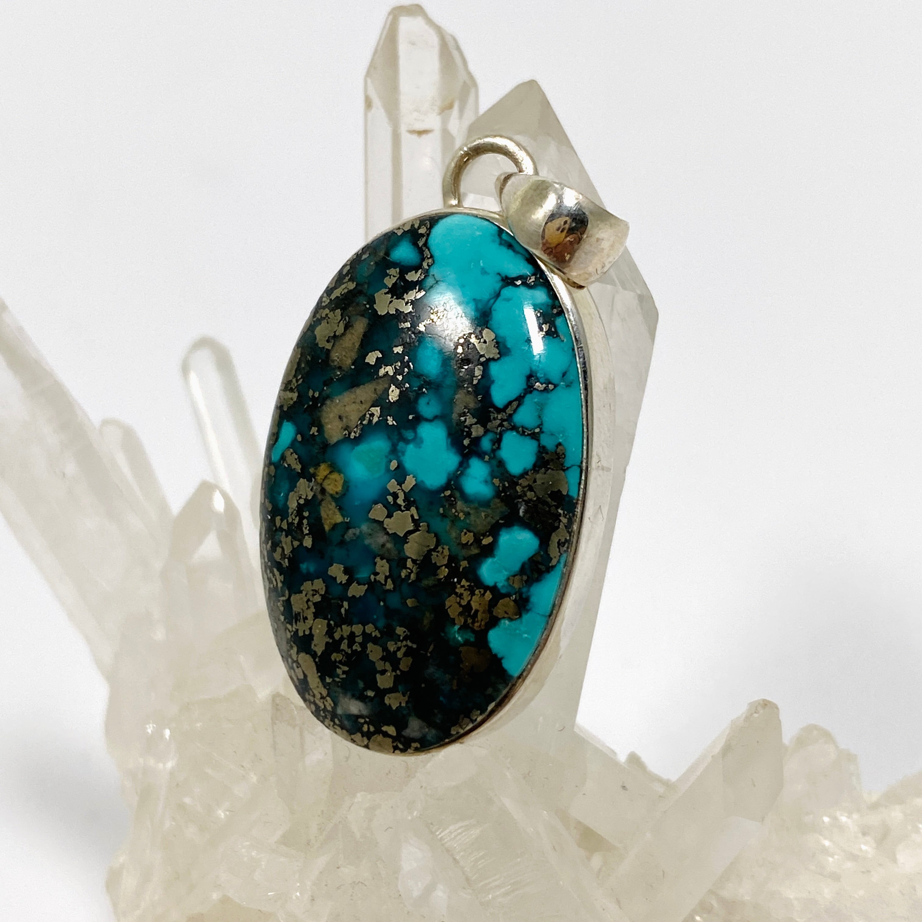 Natural Persian Turquoise with Pyrite Oval Cabochon Pendant - Genuine Iranian Gemstone Jewelry for Women - Perfect for Boho Chic & Southwest Style Outfits