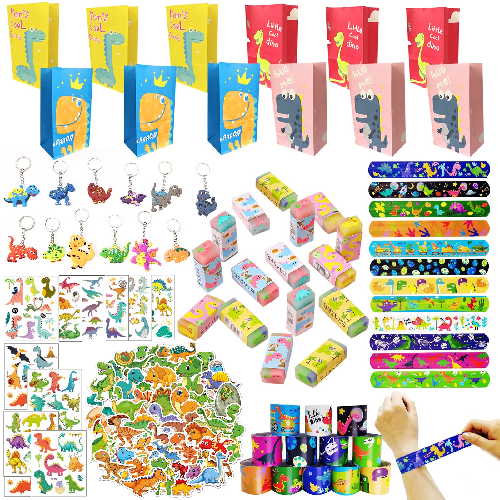 110 Pcs Dinosaur Party Favors Kit for Kids - Slap Bracelets, Party Bags, Keychains, Stickers & Erasers - Dinosaur Themed Birthday Party Supplies, Goodie Bag Fillers, Carnival Prizes, Pinata Stuffers - Perfect for Birthday Parties, School Events & Themed Celebrations