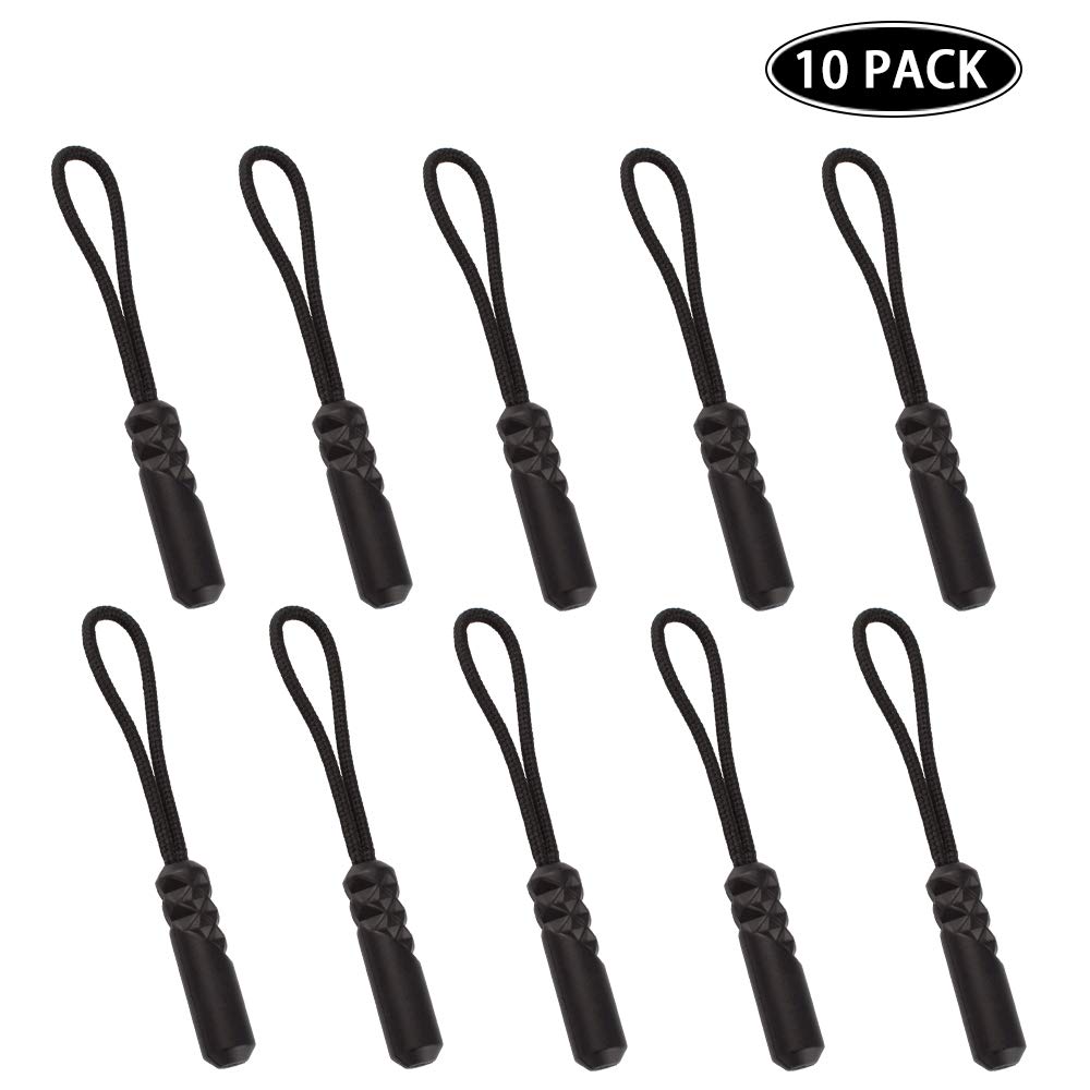 Durable Cord Zipper Pulls Replacement - 10 Pack Black Zipper Tabs for Purses, Backpacks, Luggage & Clothing | Easy DIY Repair for Bags, Jackets & Travel Gear