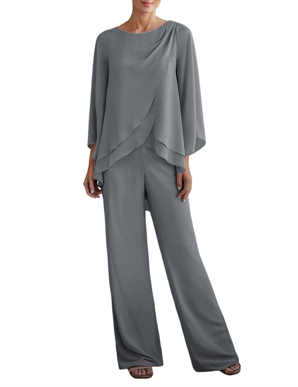 Zongqiven Women's 2-Piece Chiffon Pant Suit Set - Asymmetrical Hem Tops & Pants for Mother of the Bride, Wedding Party & Prom Outfits | Elegant Formal Wear for Special Occasions