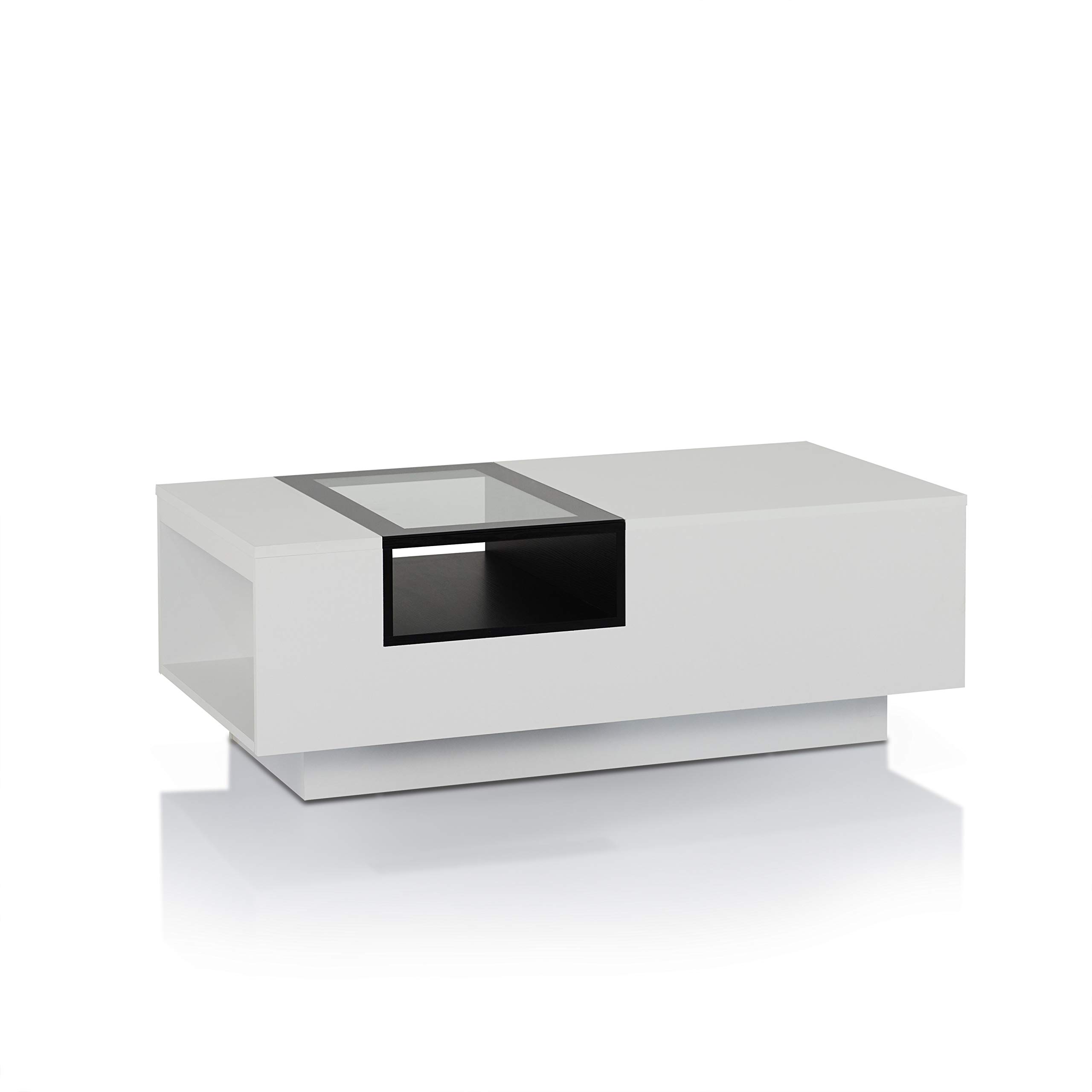 Modern White Glass Top Coffee Table with Black Glam Design - Urban Rectangle MDF Veneer with Storage Shelf - Perfect for Living Room, Office & Small Spaces