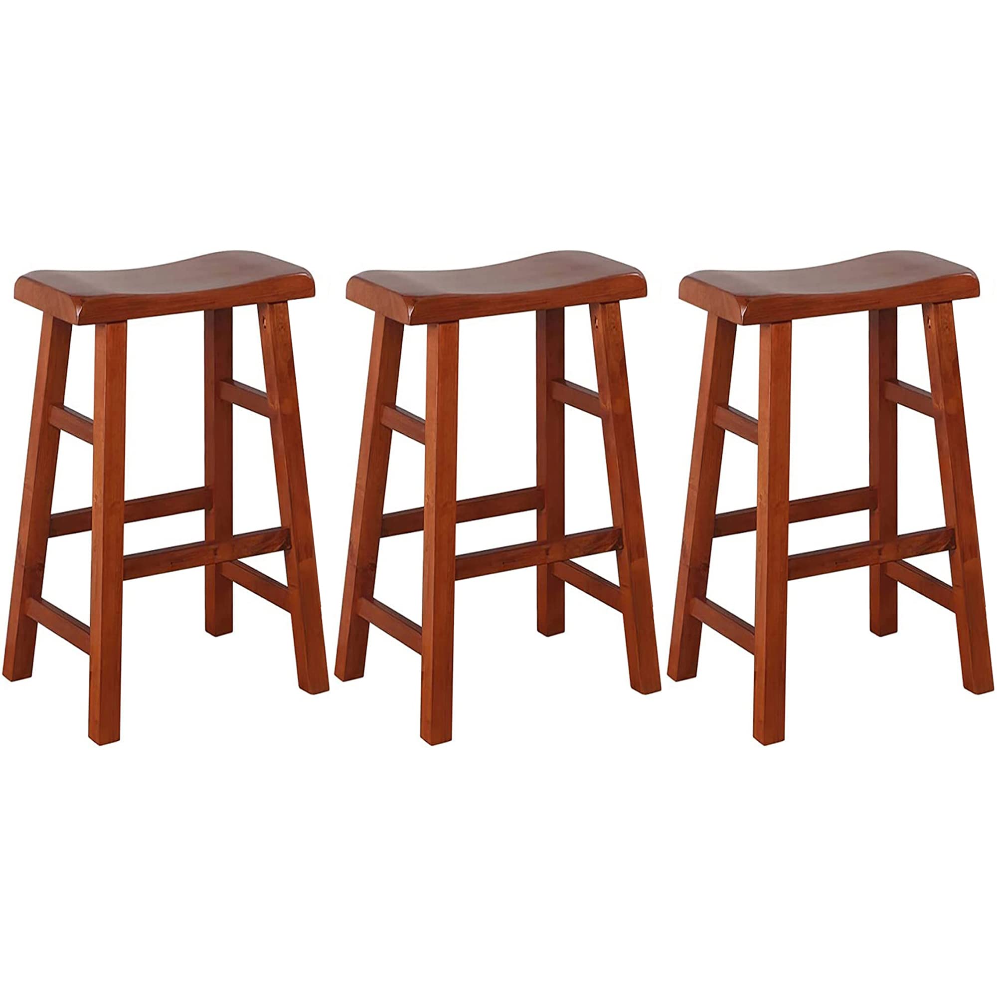 Heavy-Duty Solid Wood Bar Stools Set of 3 - 29 Inch Dark Oak Kitchen Counter Stools for Dining Room, Bar, and Breakfast Nook - eHemco Wooden Saddle Seat Stools