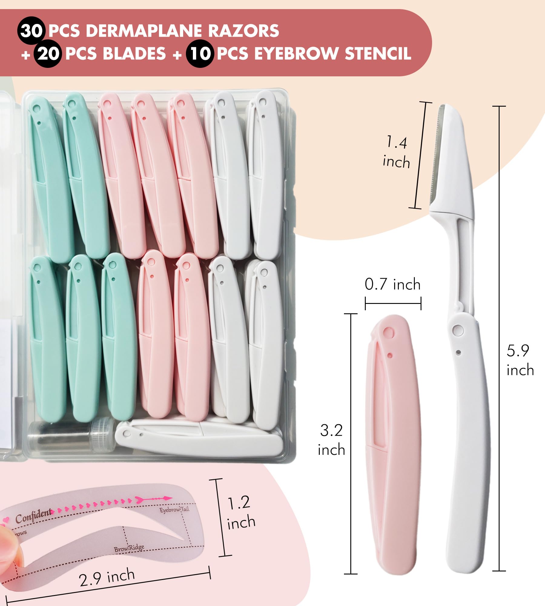 Eyebrow Razor & Face Razor Set with Eyebrow Stamp Stencils - Dermaplaning Tool for Peach Fuzz Removal - 30 Foldable Razors & 20 Blade Refills - Perfect for Eyebrow Shaping, Facial Hair Removal & At-Home Skincare Routine