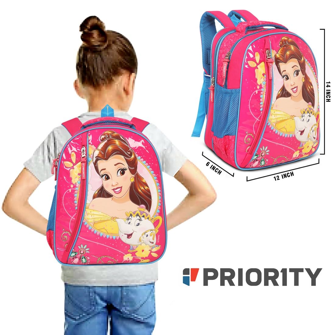 Disney Princess Belle Embossed Polyester Kids Backpack for School - Pink 14 Inch Small Backpack for Girls Ages 4.5-7 | Perfect for Elementary School, Daycare, and Travel