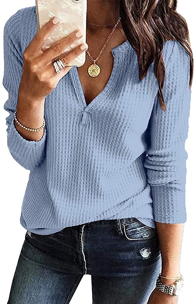 Women's V Neck Waffle Knit Henley Top - Casual Long Sleeve Pullover Sweater Blouse for Fall & Winter | Cozy Loungewear, Office Wear & Weekend Outfits