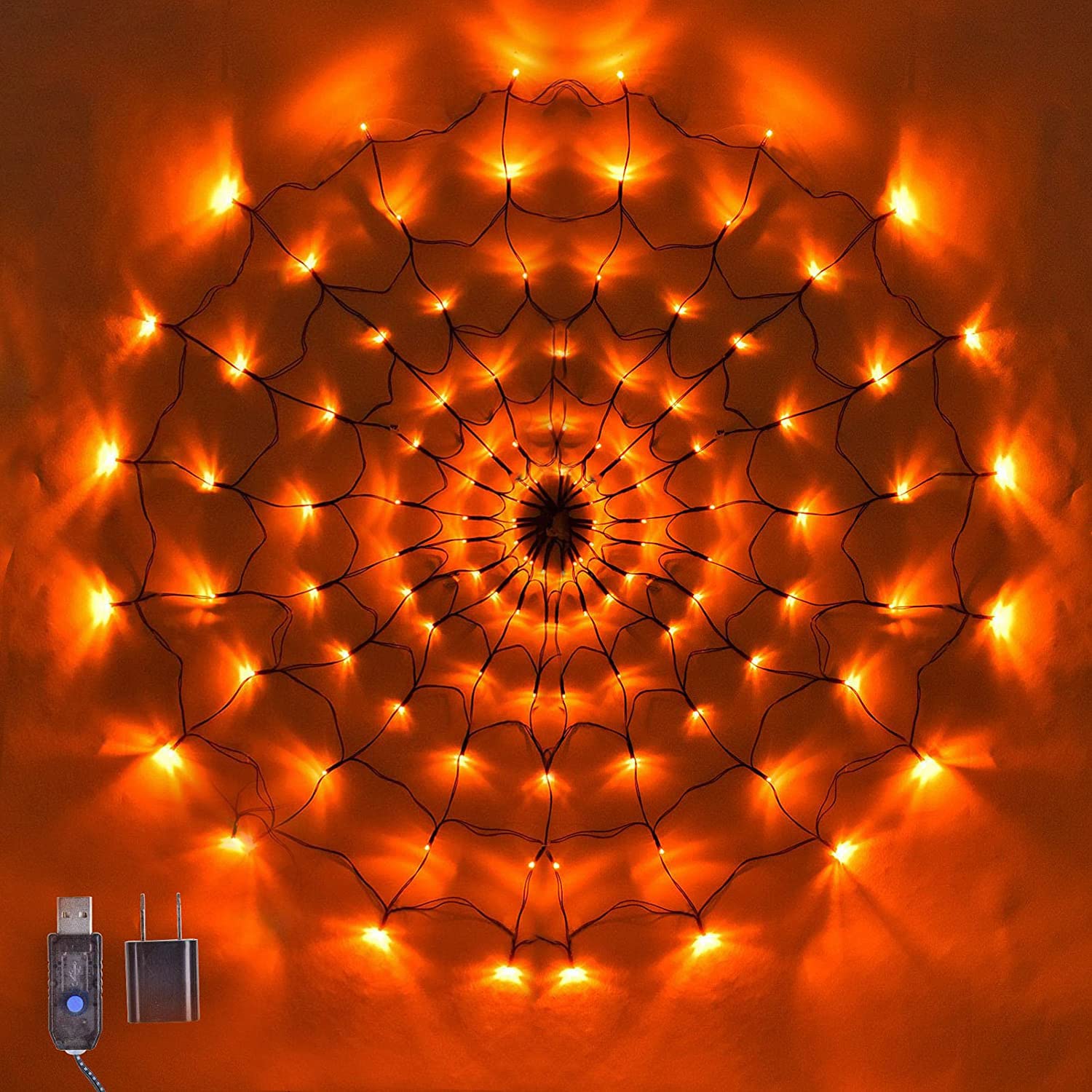 PIXFAIRY 3.93Ft 120 LED Halloween Spider Web Lights with Black Spider - Waterproof Orange Net Lights for Indoor/Outdoor Halloween Decorations | Perfect for Porch, Yard, Party & Haunted House Decor
