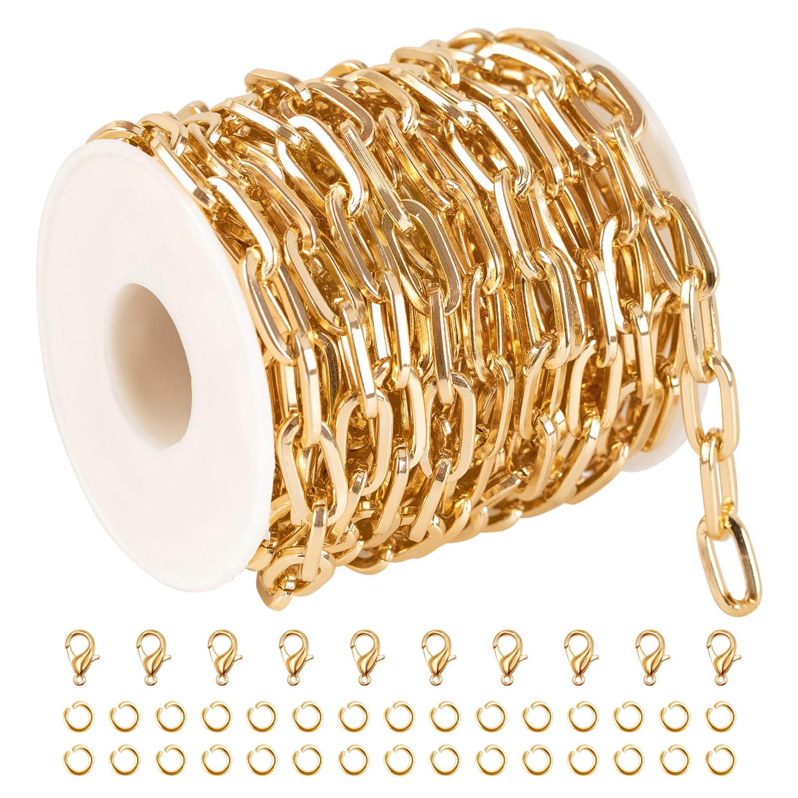 16.4FT/5M Bulk Gold Plated Aluminum Paperclip Chain for Jewelry Making - Includes Lobster Clasps & Jump Rings - DIY Necklace, Bracelet & Craft Supplies