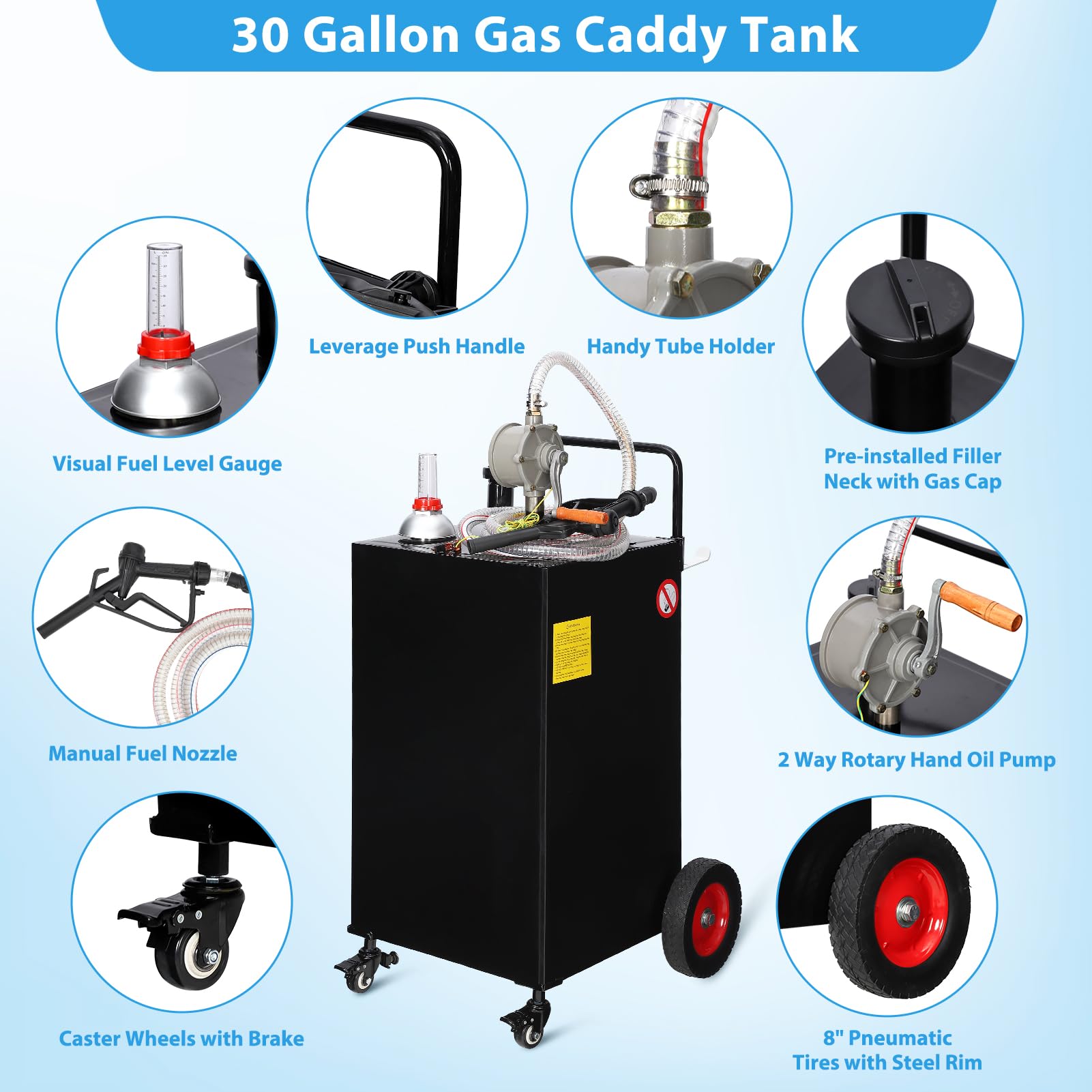 GARVEE 30 Gallon Red Stainless Steel Portable Fuel Caddy with Manual Pump & 4 Wheels - Heavy Duty Gasoline & Diesel Storage Container for Trucks, Farm Equipment & Emergency Fuel Supply