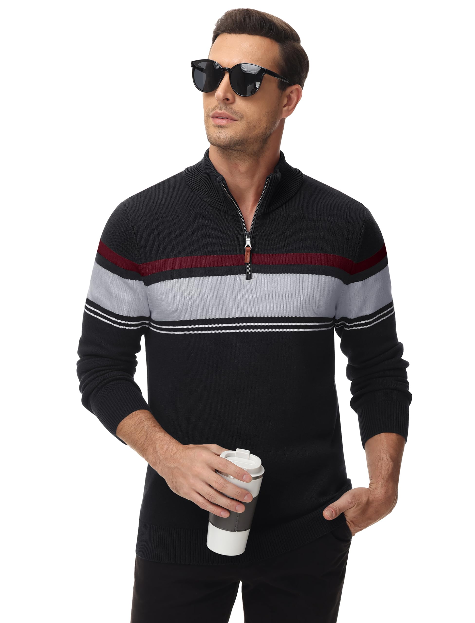 MAGCOMSEN Men's 1/4 Zip Cotton Sweater Pullover - Striped Polo Sweatshirt for Fall & Winter | Warm Casual Wear for Office, Outdoor & Daily Comfort