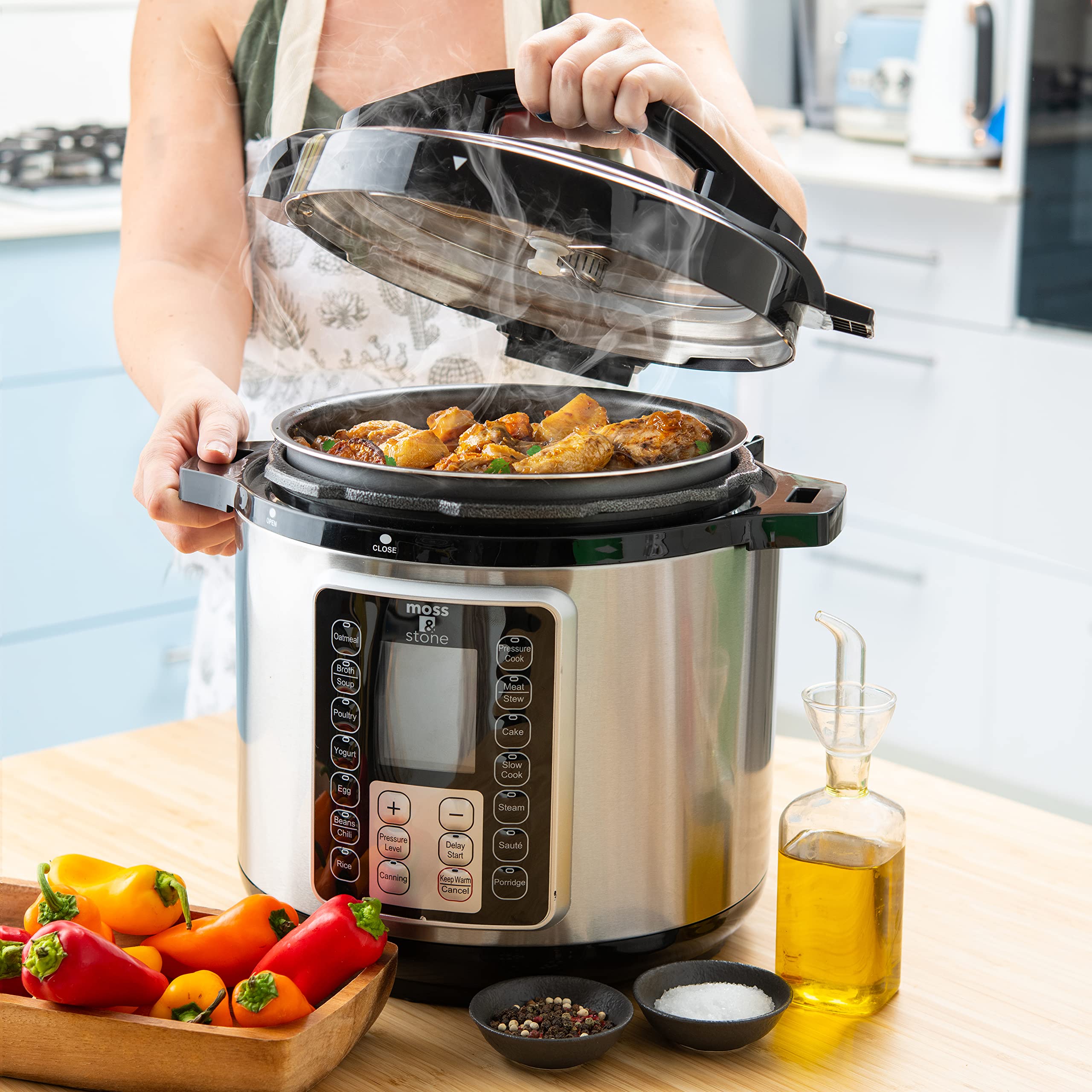 Moss & Stone 6 Quart Electric Pressure Cooker with Large LCD Display - 14-in-1 Multi-Cooker for Slow Cooking, Rice, Steaming, Sautéing, Yogurt & Egg Cooking | Perfect for Meal Prep, Family Dinners & Healthy Cooking at Home