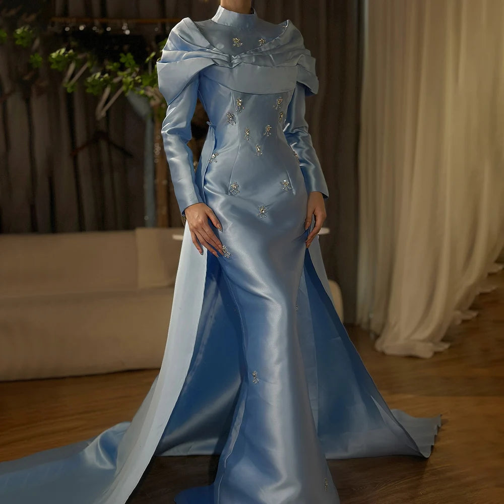 Elegant Blue Satin Beaded Mermaid Evening Gown with Detachable Overskirt LA72414M - Perfect for Prom, Gala & Formal Events