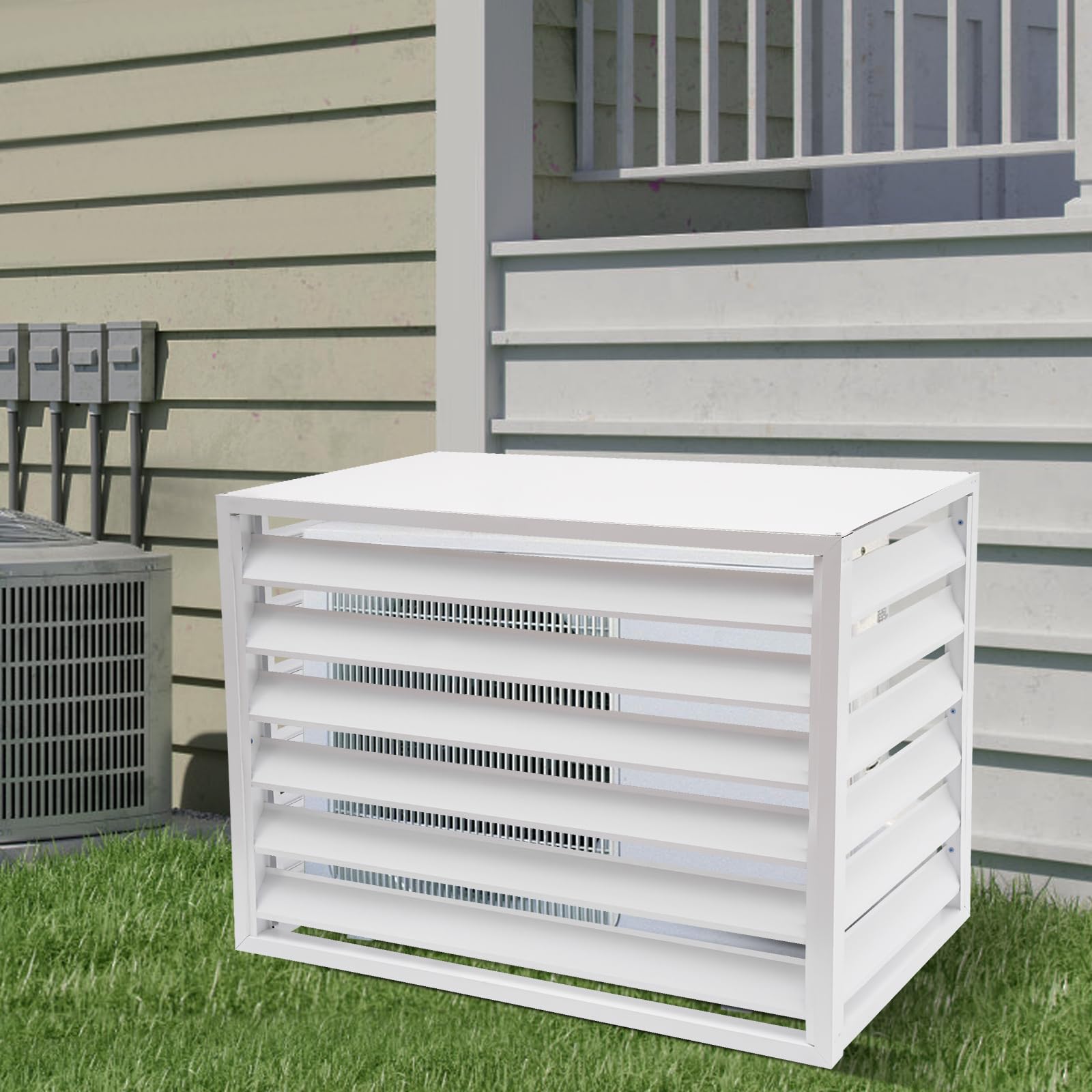 4-Panel White Freestanding No Dig Metal Air Conditioner Fence - Outdoor Privacy Screen for Pool Equipment & AC Unit Enclosure | Perfect for Backyard, Patio & Garden Protection