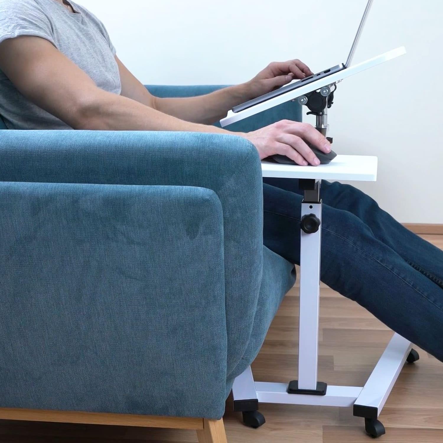 Tatkraft Portable Laptop Desk with Mouse Pad - Adjustable Height Rolling Computer Stand, Ergonomic & Sturdy Workstation for Office, Home, Gaming - White