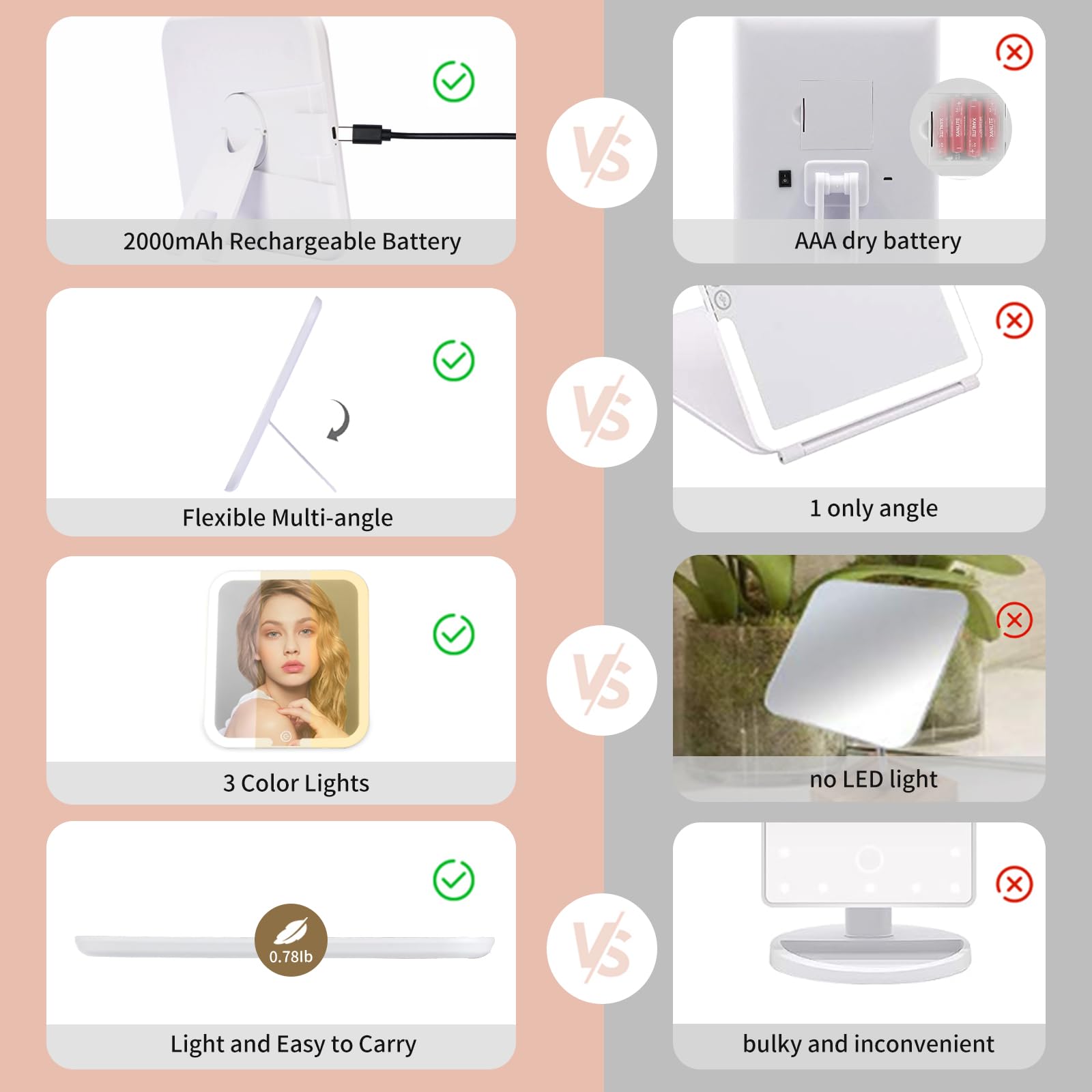 360° Swivel Rechargeable LED Makeup Mirror with 3 Adjustable Light Modes - 9.2x8 Inch Desktop Vanity Mirror for Dressing Table, Bathroom & Bedroom Makeup Application