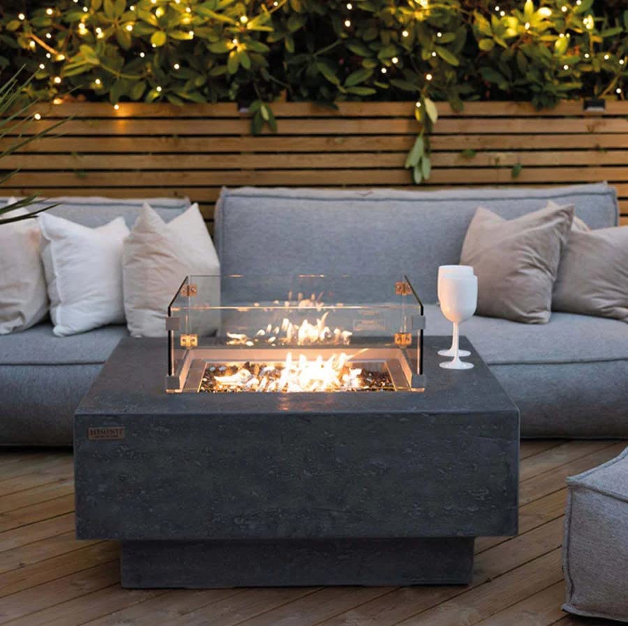 AMS Modern Concrete Propane Fire Pit Table for Outdoor Patio - Includes Cover & Lava Rocks | Elementi Dark Grey Manhattan Design | Liquid Propane Fuel | Perfect for Backyard Gatherings, Poolside Relaxation & Cozy Evenings